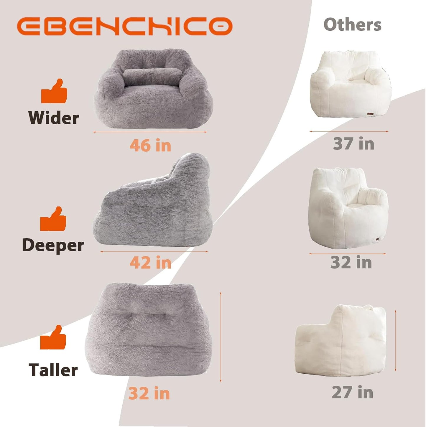 Bean Bag Chair for Adults with Pillow,Oversized Bean Bag Couch Chairs for Adults,Giant Lazy Couch Sofa Chairs with Filler,Large Reading Chair for Living Room Bedroom,Dark Gray