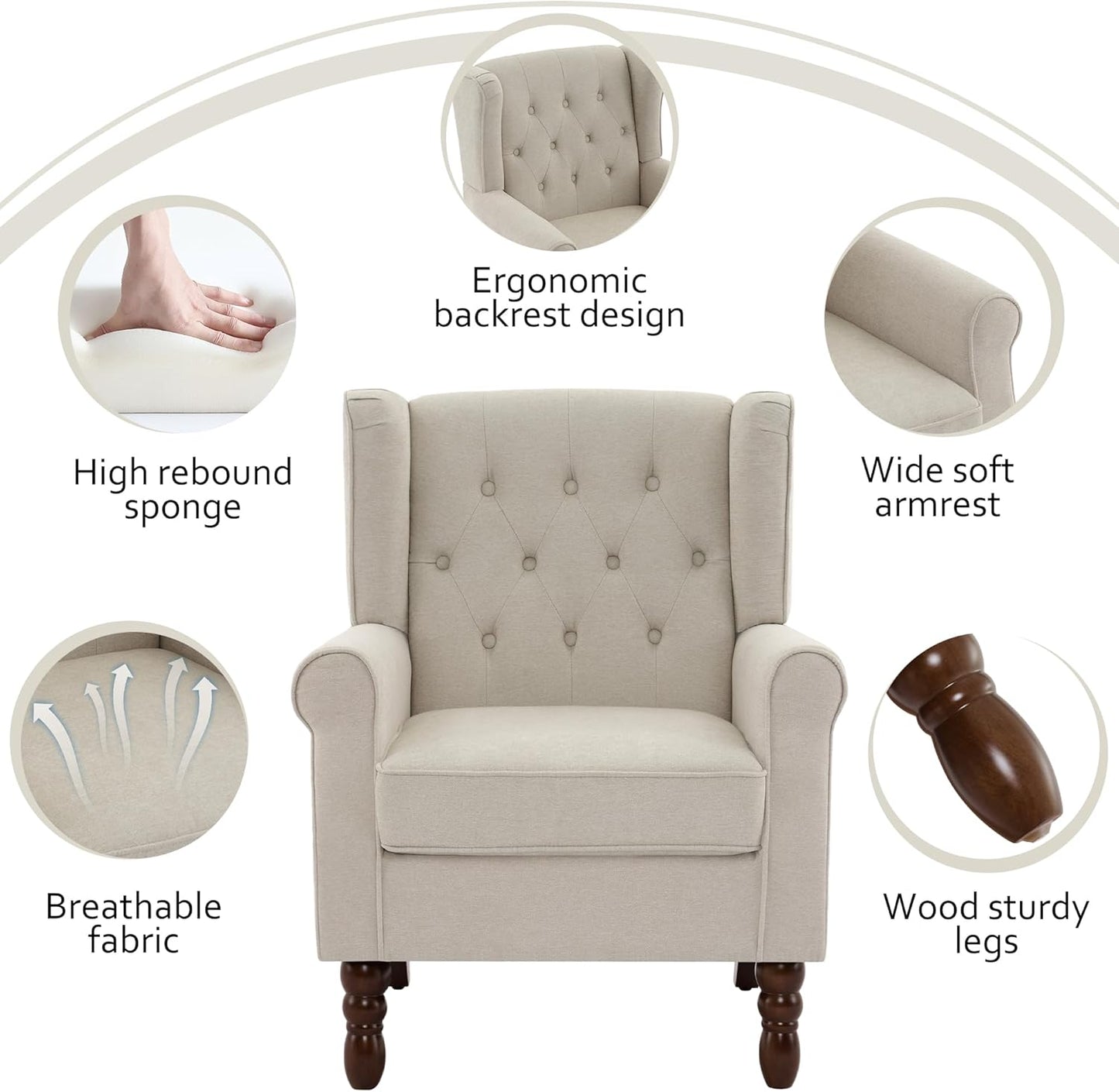 Lumibee High Back Accent Chair Set of 2,Upholstered Wingback Armchair with Solid Wood Legs for Small Spaces,Comfy Single Sofa Chair for Living Room,Bedroom,Office-Beige