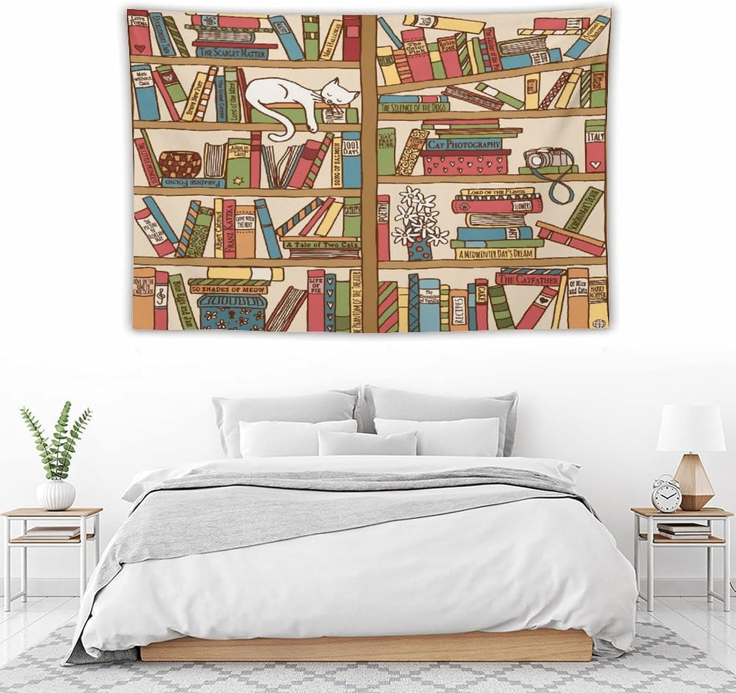 Kurtect Bookshelf Tapestry,Cute Cartoon Cat Sleeping Library Theme Pattern Print Tapestries for Party Beach Picnic Blankets Tablecloths Living Room Wall Deocr, 60x90 in