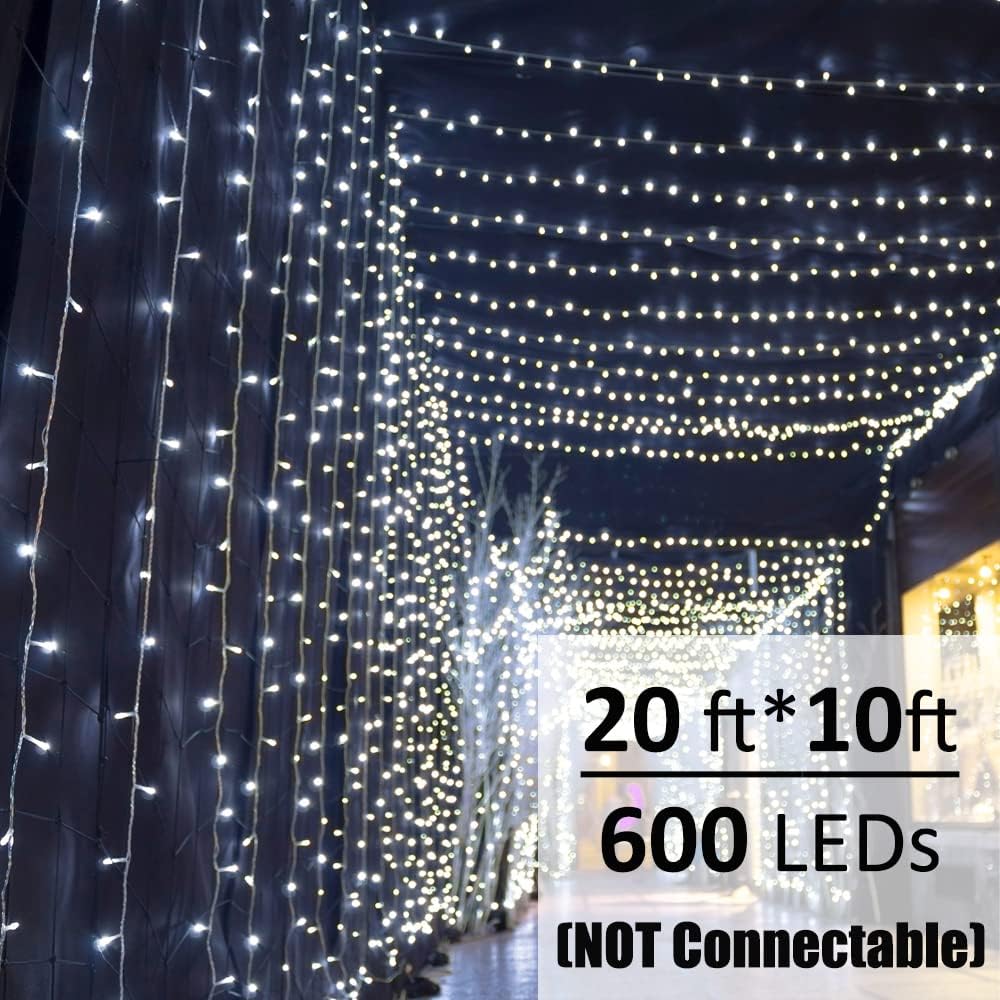 Solhice LED Curtain Lights Outdoor 20ft x10ft Cool White, 600 LED String Lights Backdrop Indoor Plug in, Twinkle Lights for Outside Backyard Wedding Bedroom Décor (Not Connectable)