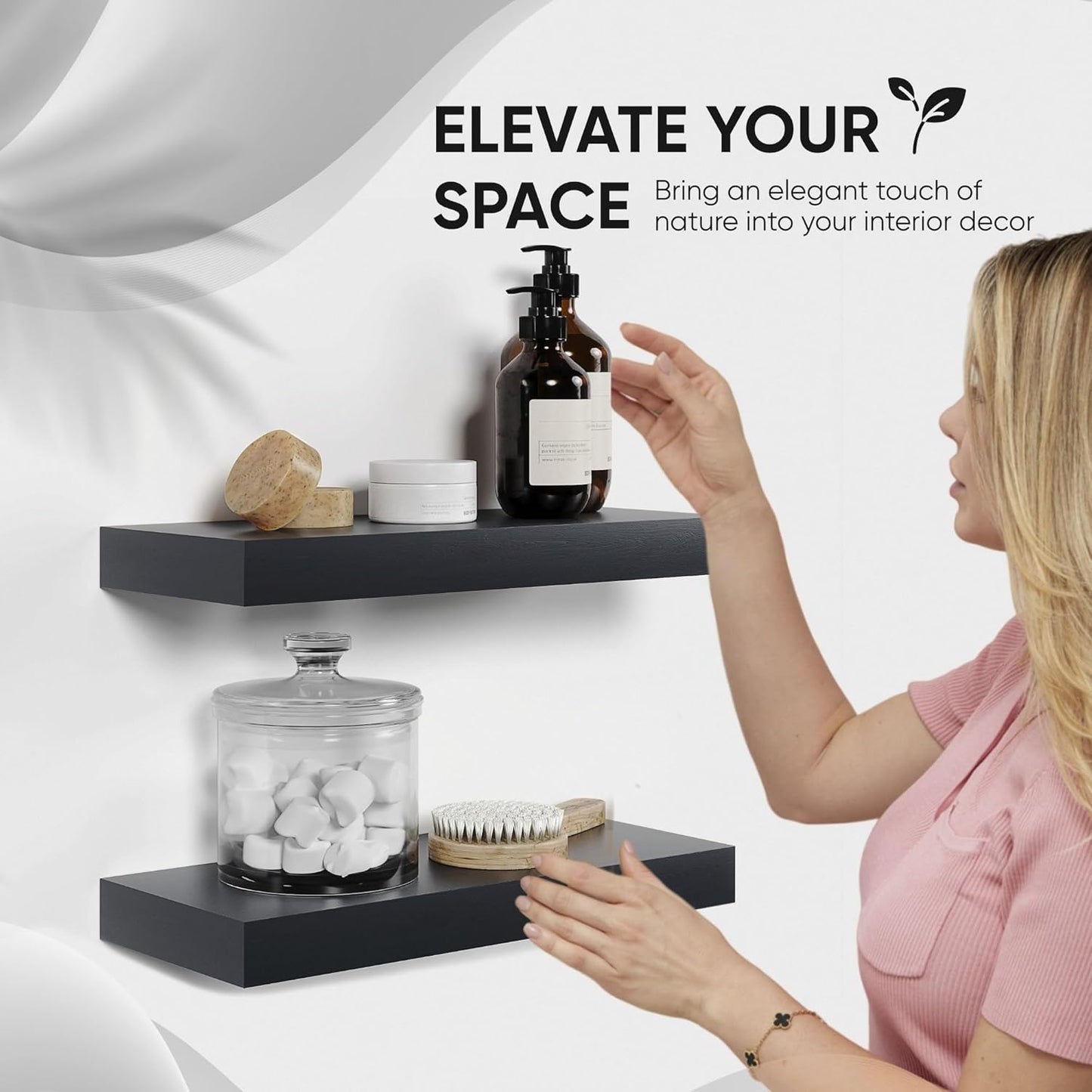 Homeforia Black Floating Shelf 18 inch, High End Solid Real Wood 18inch Bathroom Floating Shelves for Wall Mounted, Black Wooden 18in Floating Shelves, Heavy Duty Bracket, 18 X 6.5 X 1.75 in, Set of 4