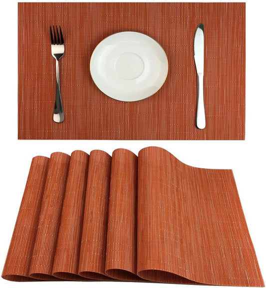 WAZAIGUR Placemats Set of 6 for Dining Table Heat-Resistant Washable Place Mats Woven Vinyl Kitchen Table Mats Easy to Clean,Orange
