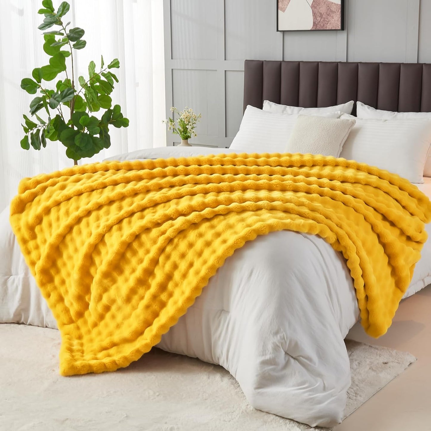 NEWCOSPLAY Faux Fur Twin Blanket Mustard Yellow Bubble Blanket Thick Warm Soft for Couch Sofa Bed 550GSM (Mustard Yellow, Twin(60"x80"))