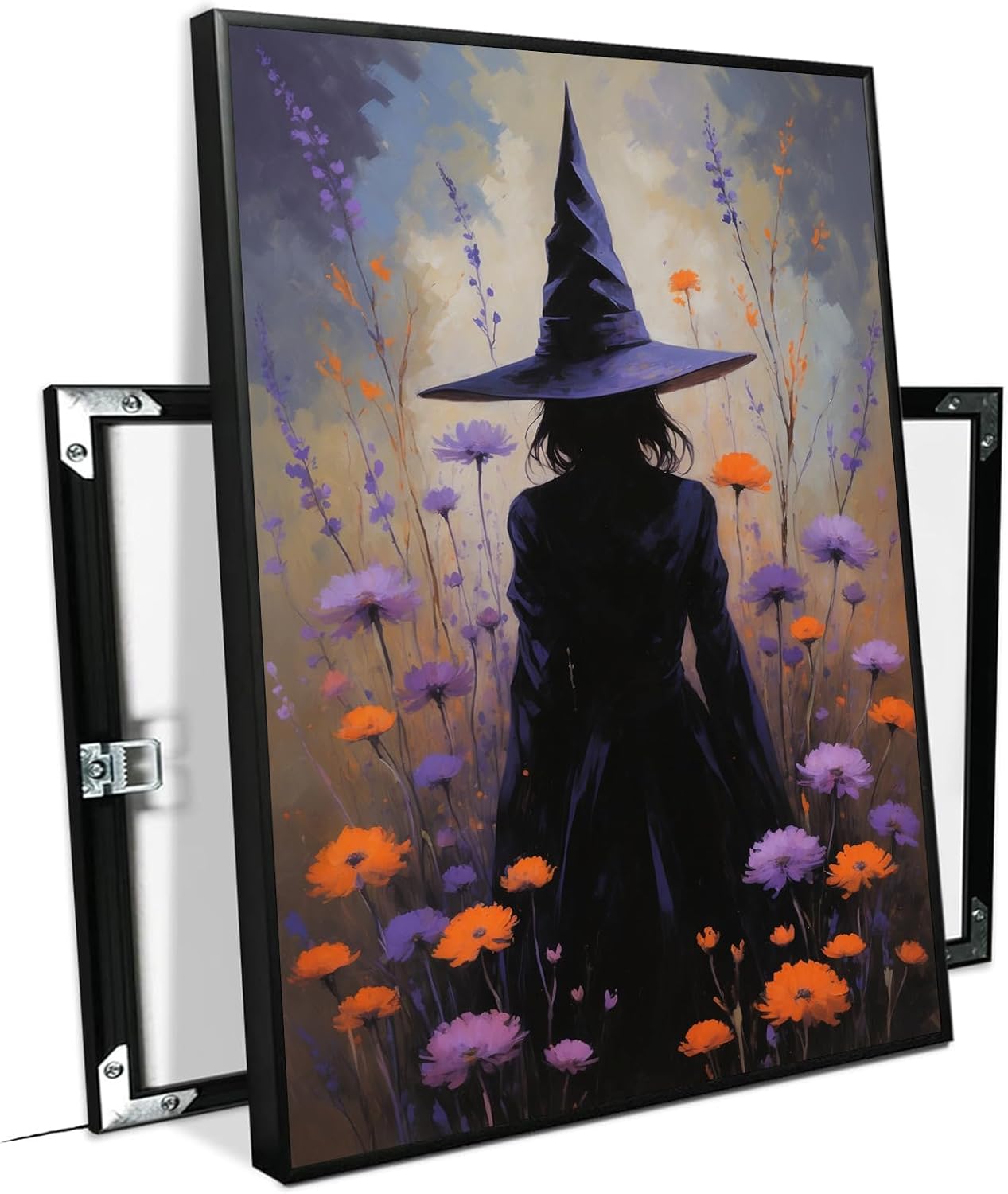 JFHCQJPK Country wildflower witch canvas print halloween mashup art witch purple decoration bohemian elegant art poster24x36in Metal blackFramed