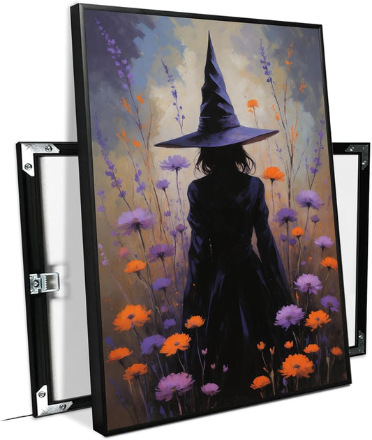 JFHCQJPK Country wildflower witch canvas print halloween mashup art witch purple decoration bohemian elegant art poster16x24in Metal blackFramed