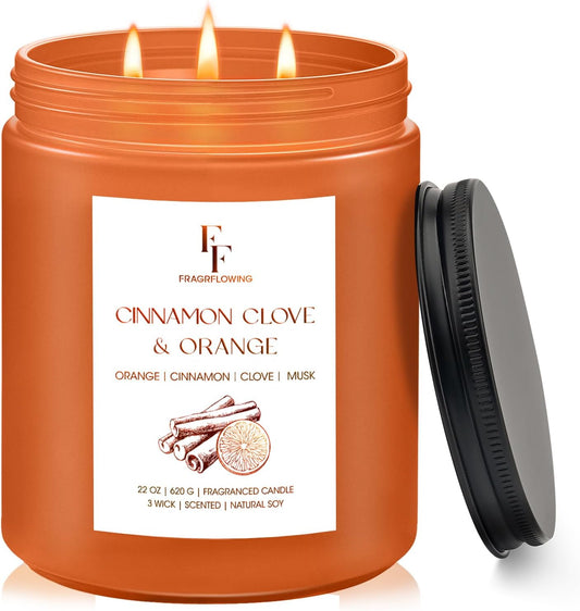 Large Fall Candle Cinnamon Clove Scented, 3-Wick 22oz Long Lasting Scented Candle, Natural Soy Wax Aromatherapy Candle for Home, Autumn Candle Gifts for Women Men