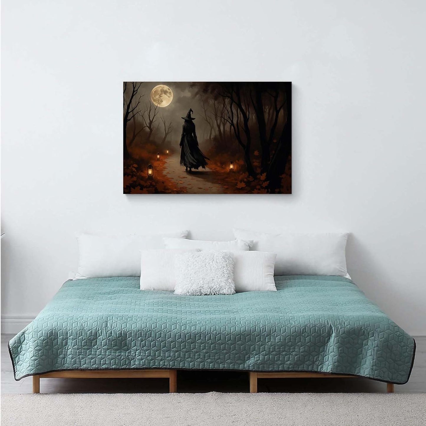 JFHCQJPK Moonlight witch poster dim lantern Halloween decoration Gothic style dark retro college style canvas wall art suitable for living room bedroom24x36in Frameless