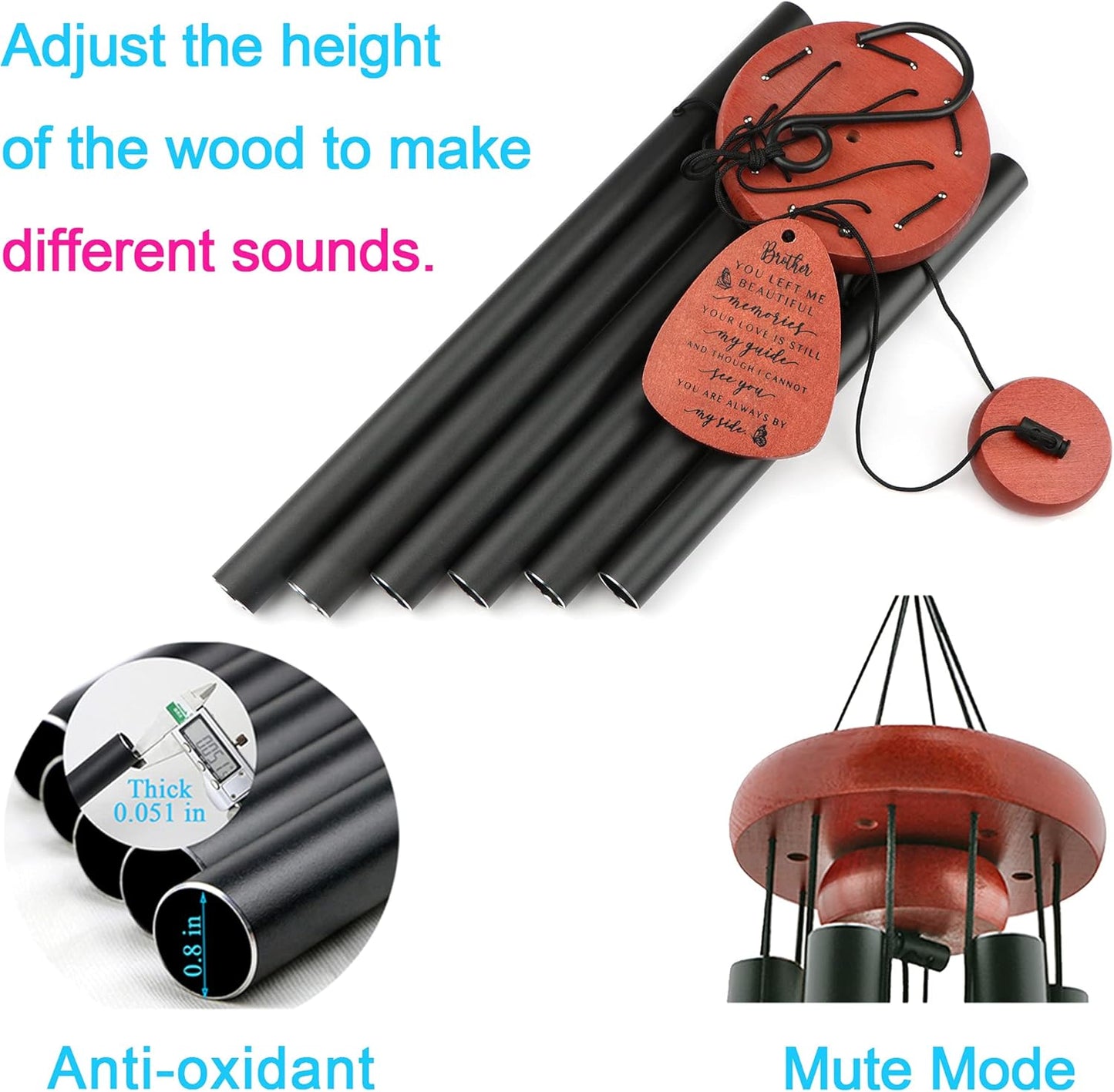 Memgift Sympathy Wind Chime for Loss of Brother - Beech Wood Memorial Wind Chime - Bereavement Gift for Loved One - Outdoor Remembrance Wind Chimes for Garden, Patio, Yard 32 Inch