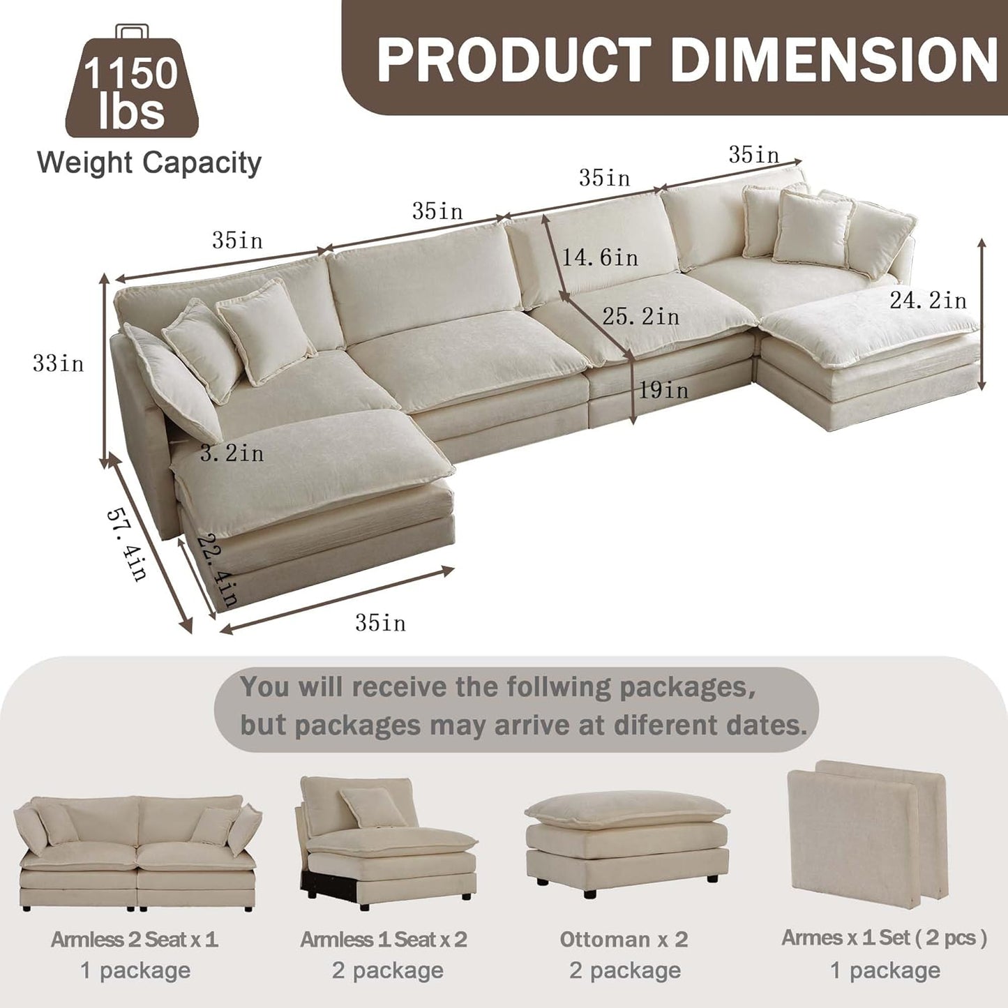 Sectional Sofa 4 Seater with Movable 2 Ottomans,Oversized Modular Couch Deep Seat (Light Coffee, 146.5 inch-U)