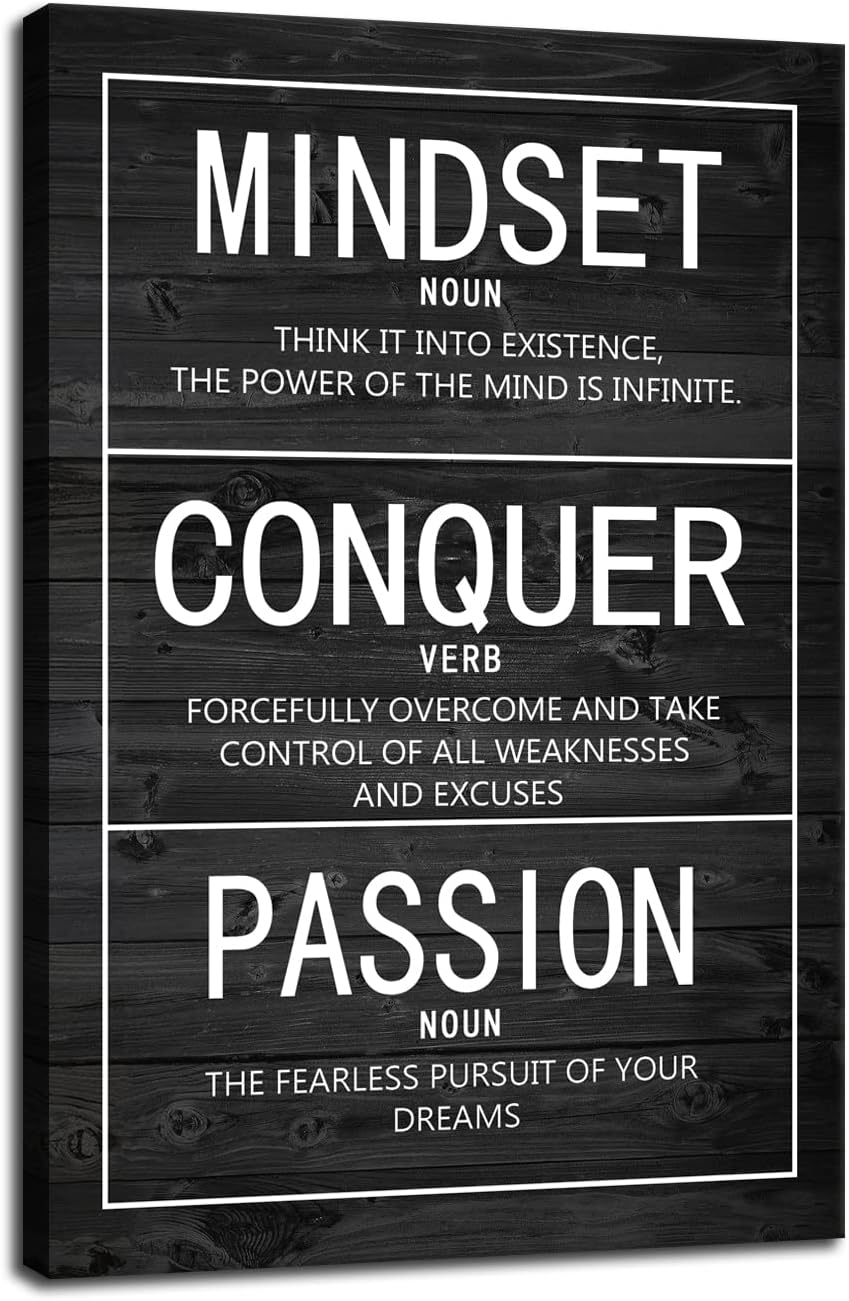 Motivational Poster Passion Mindset Conquer Inspirational Canvas Wall Art Paintings Motivation Artwork Living Room Office Prints Wall Decor Decoration Wooden Framed Ready to Hang [12''Wx 18''H]
