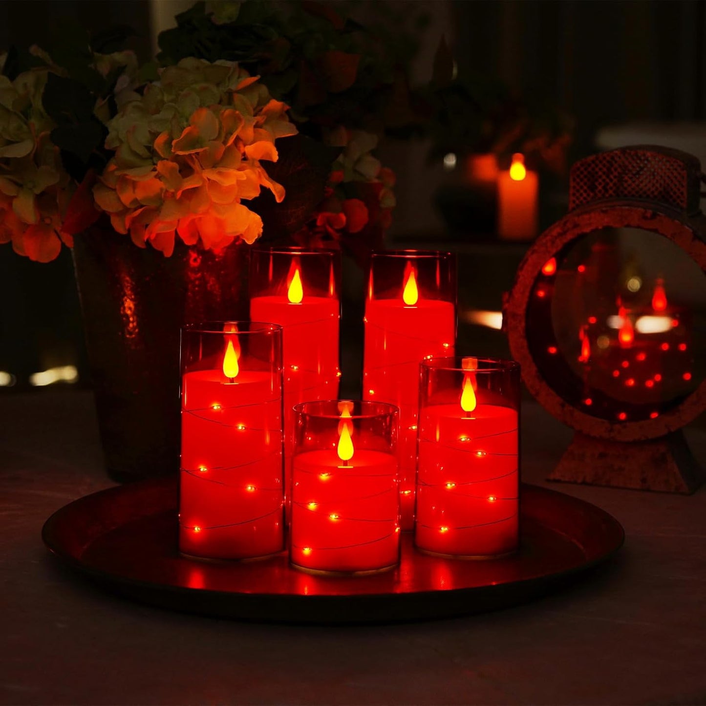Homemory 9 Pcs Flameless Candles with Embedded Star String Fairy Lights, Battery Operated Candles, LED Candle, Fake Candles with Remote Control and Timer (Red)