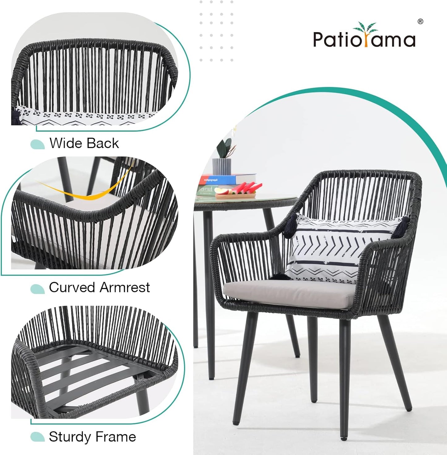Patiorama Outdoor Dining Chairs, Patio Dining Chair Set of 2, All-Weather Woven Rope Rattan Chairs, Outdoor Dining Wicker Chairs with Armrests for Indoor Balcony Pool Backyard(Black)