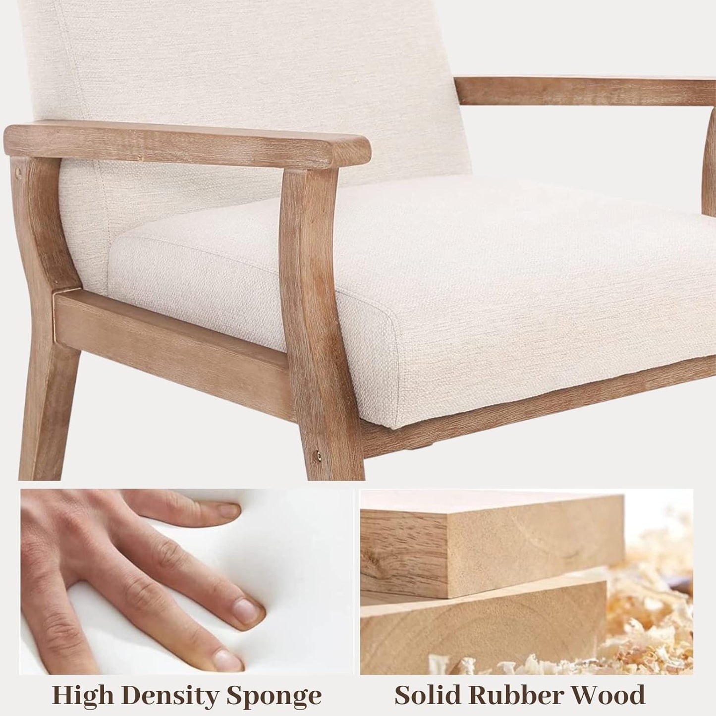 Beige Accent Chair Mid Century Modern Armchair Wood Sitting Chair Linen Fabric Upholstered Side Chair Comfortable Chair for Living Room Bedroom Cream