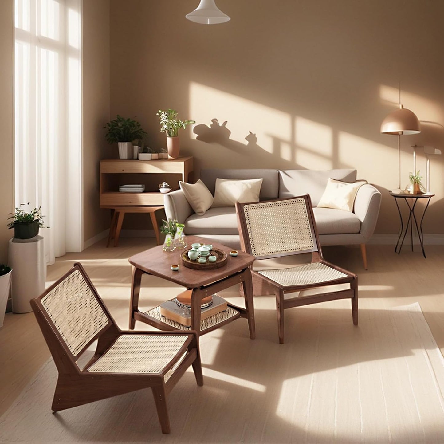 Rattan Chair 2Pcs, Mid-Century Accent Chair, Rattan Lounge Chair for Living Room, Boho Side Corner Comfy Chair for Bedroom and Balcony, Walnut