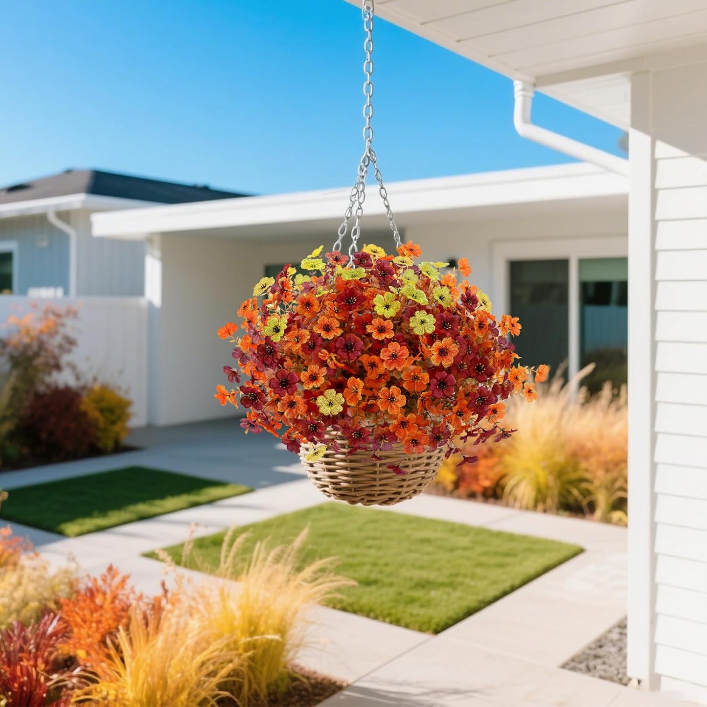 12 Bundles Artificial Fall Flowers Faux Mums for Outdoor Indoor, Artificial Plants Daisy Faux Plants Fake Mums for Fall Decor Pots Patio Garden Porch Autumn (Orange，Brown，Yellow) (12)