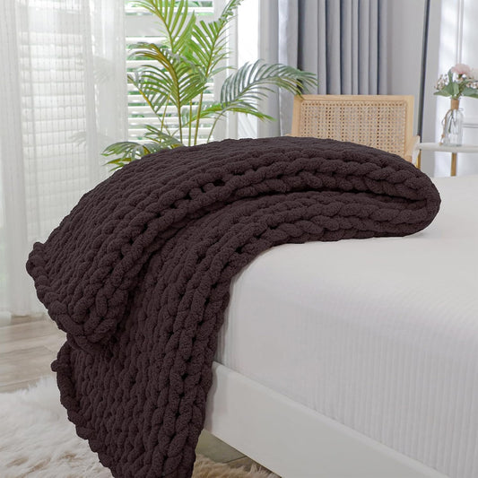 Bigacogo Chunky Knit Throw Blanket for Couch, 40x80 inches, 100% Hand Knitted with Thick Jumbo Chenille Yarn, Cozy Soft Large Rope Knot Cable Crochet Blankets for Sofa Bed Living Room, Chocolate