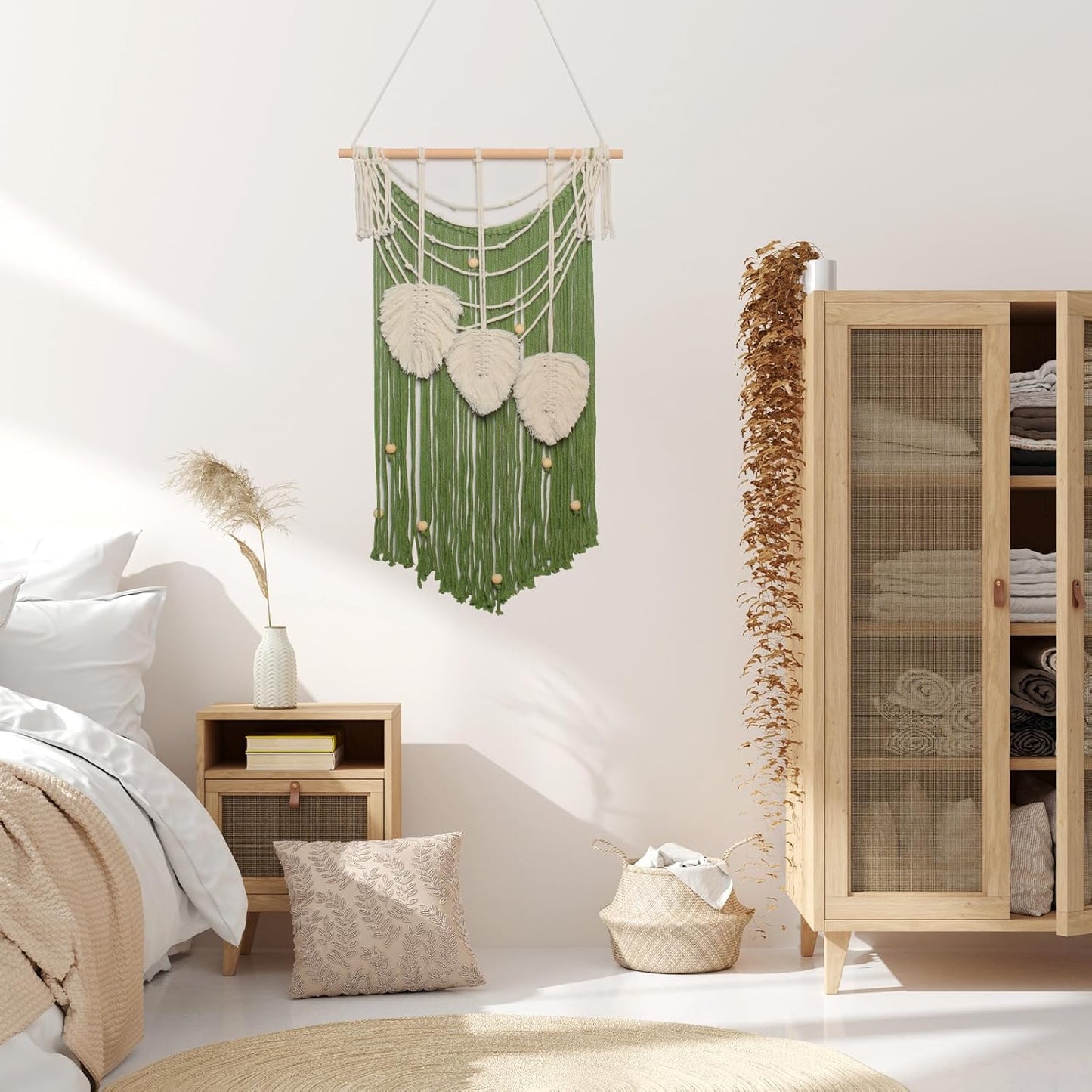 JONKASIPA Macrame Wall Hanging Bohemian Handmade Leaf Feather Wall Art Decorations, Green fringe Chic Home Decor for Apartment Dorm Living Room Bedroom