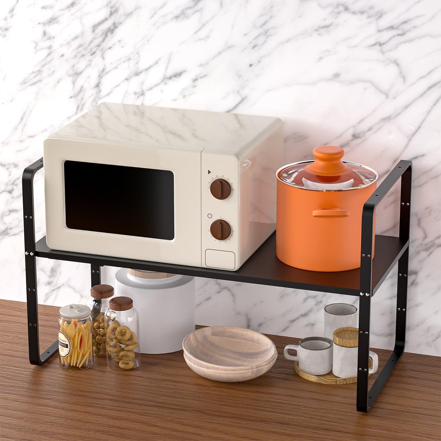 iPEGTOP Expandable Cabinet Storage Shelf Organizer Rack, Heavy Duty Steel Metal Spice Rack Adjustable Height Home Office Garage Pantry Shelf Space Riser for Counter Kitchen Organization, Black, 3 Pack