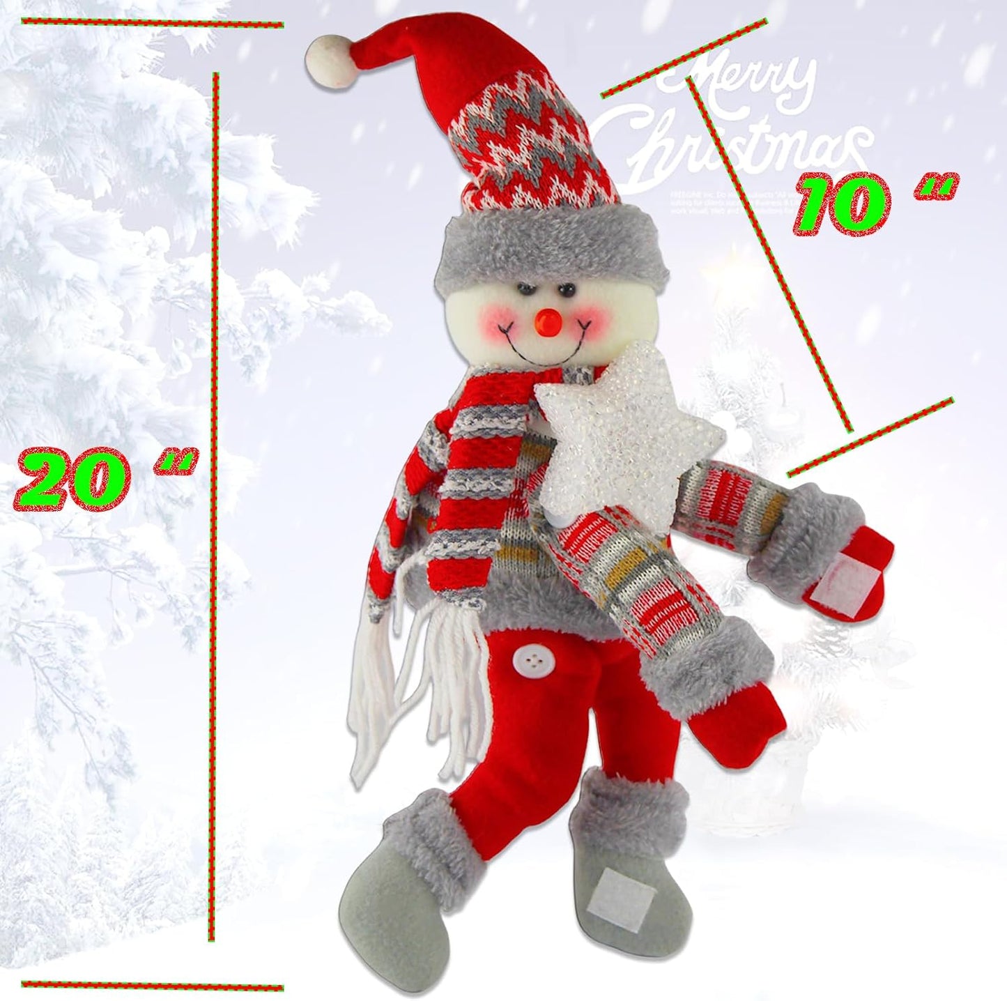 Christmas Plush Snowman Tree Topper with Lighted Red Star,Xmas Treetop Ornament-Also Be Used As Home Curtain Tie and Hugger Wine Bottle Party Decorations