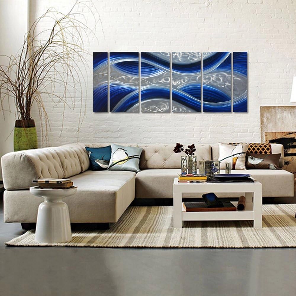 Handcrafted Abstract Metal Wall Art with Soft Color, Large Scale Decor in Huge Blue Line Design, 3D Artwork for Indoor Outdoor Wall Decorations, 6-Panels Metal Art Measure 24"x 65"