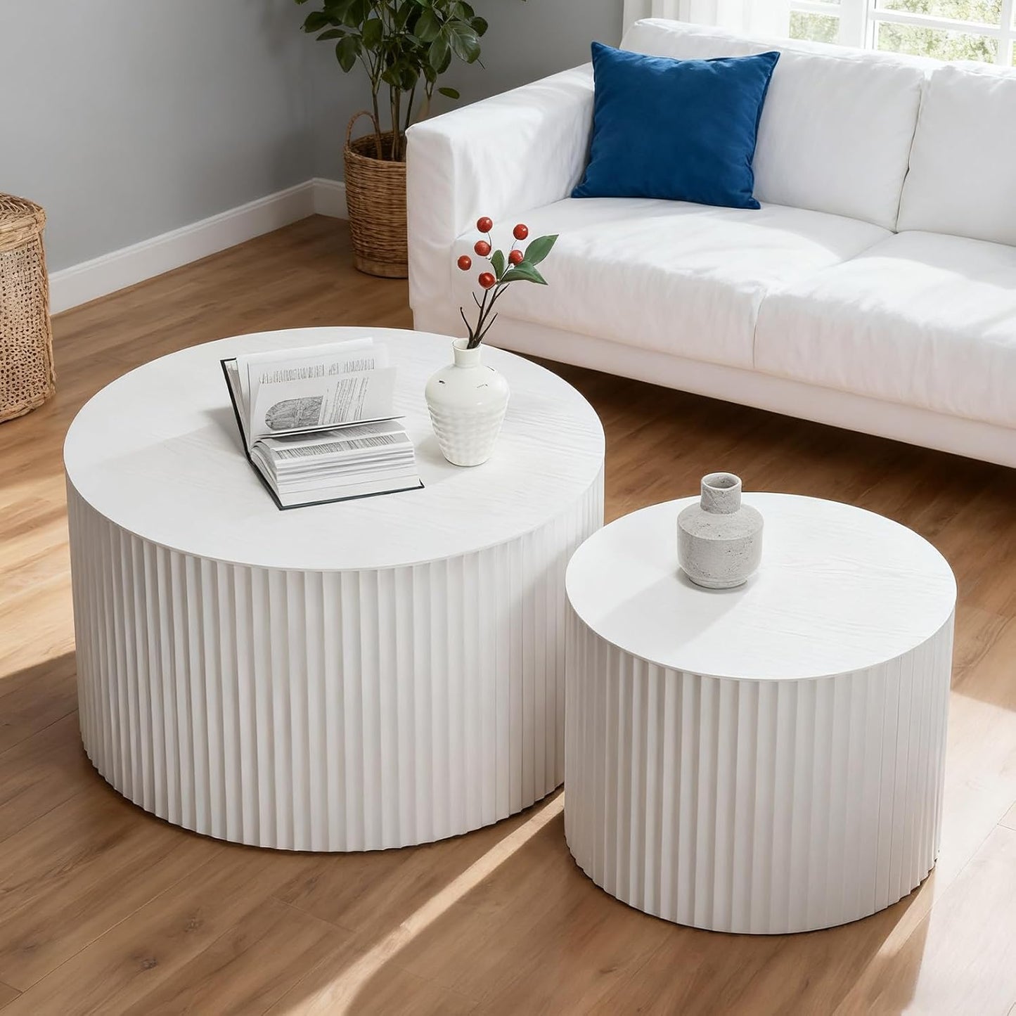 Round Nesting Coffee Table Modern White Fluted Coffee Table Set of 2 Stripe Cream Round Coffee Tables Circle Drum Coffee Tables Side Table Accent End Table for Living Room (White B Large)