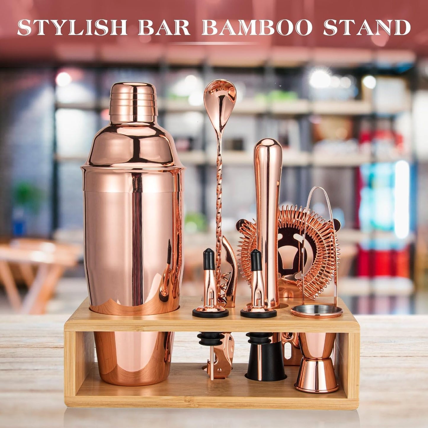 Cocktail Shaker Set, Mixology Bartender Kit 10-Piece Bar Tool Set with Stylish Bamboo Stand, Bar kit: Matini Shaker Mixing Spoon Muddler Jigger Cocksrew for Barware Set | Rose