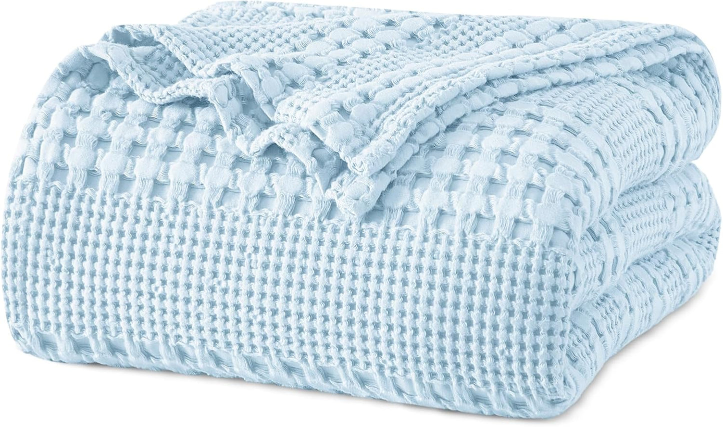 PHF 100% Cotton Waffle Weave Blanket Queen Size, Soft Lightweight Breathable Cozy Summer Blankets for Bed, Luxury Aesthetic Woven Bedding for Home Decor, 90"x90", Baby Blue
