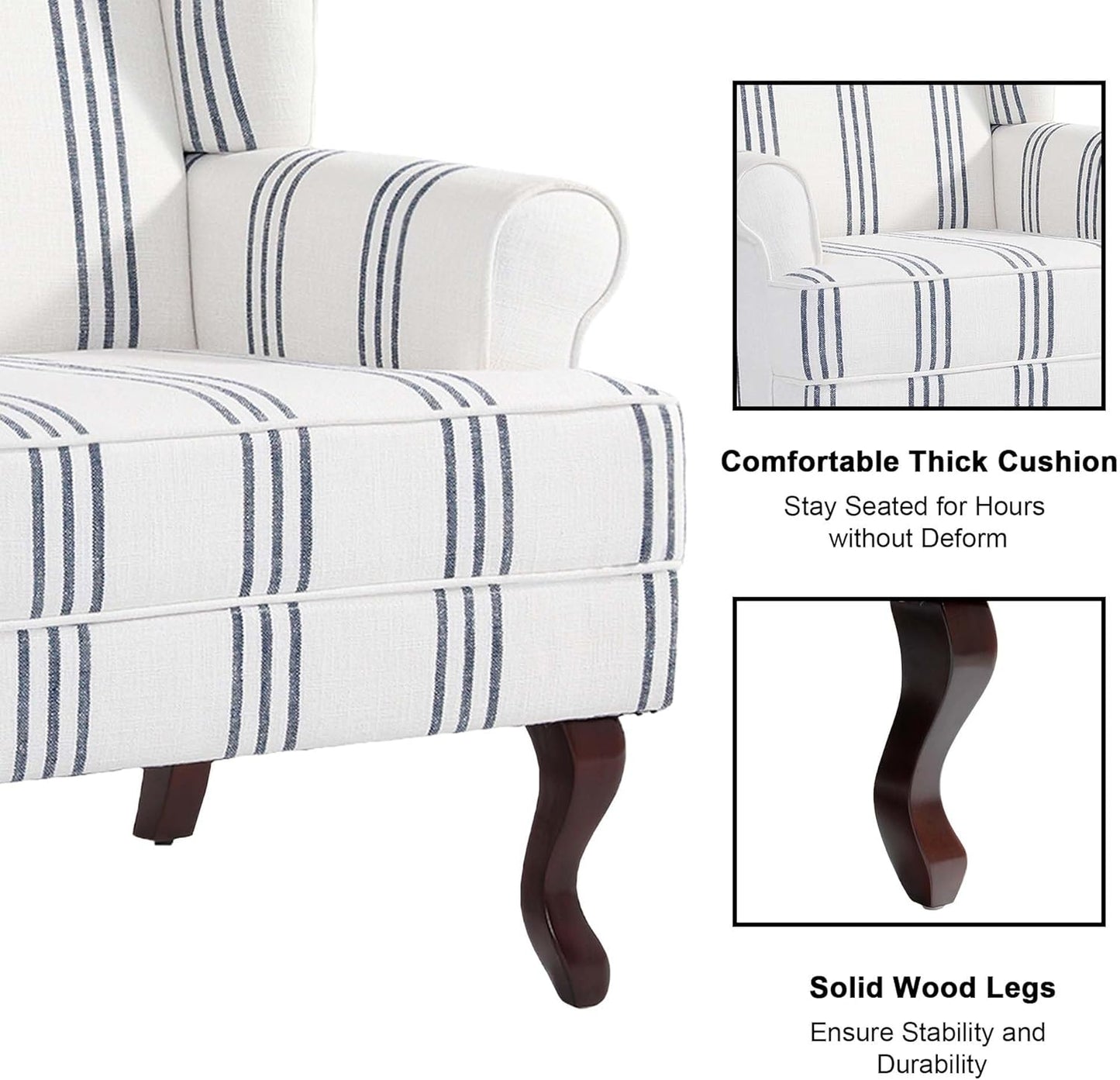 Accent Chair, High Back Upholstered Armchair with High Resilience Sponge & Wood Legs, Mid-Century Modern Comfy Single Sofa Reading Chairs for Living Room, Bedroom (Stripe Navy, Set of 1)