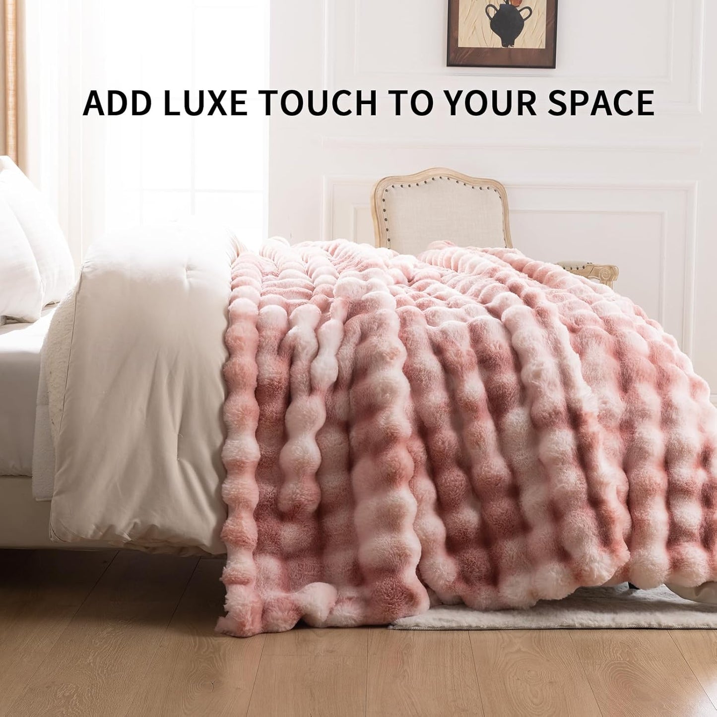 Cozy Faux Fur Throw Blanket for Couch-Warm Fuzzy Throw Blanket, Soft Plush Thick Bubble Blankets for Bedroom and Living Room, Furry Luxury Blanket, 60 x 80, Tie-Dye Pink