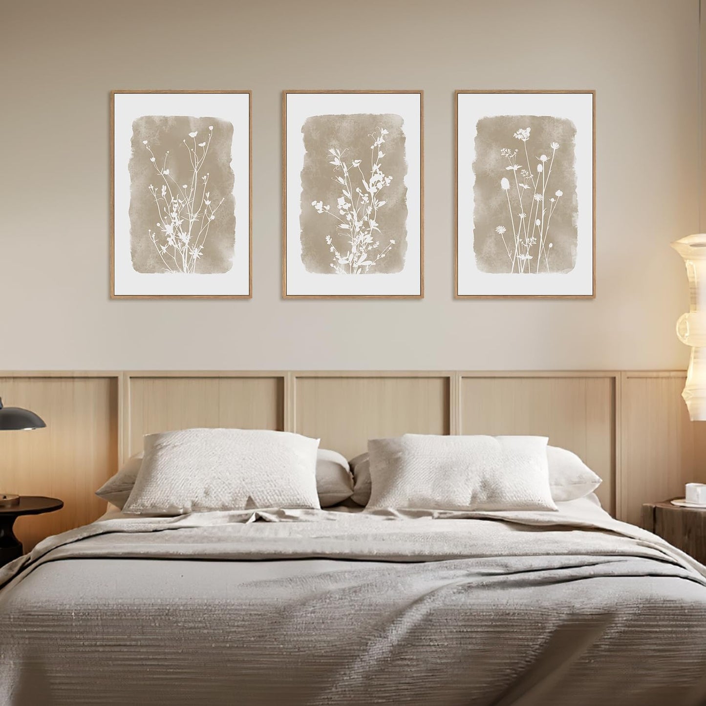 HPINUB Large Boho Wildflowers Canvas Framed Wall Art Set,Minimalist Vintage Flower Wall Decor,Beige Floral Botanical Artwork for Living Room Bedroom,Dining Room,Office -16"x24"x3