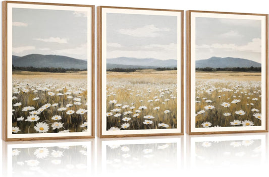 HPNIUB Flowers Wall Art Canvas White Daisy Floral Painting, Rustic Field Landscape Picture, Modern Framed Artwork for Living Room Bedroom Bathroom Dinning Room Office Home Decor Gifts-16 x24 x3