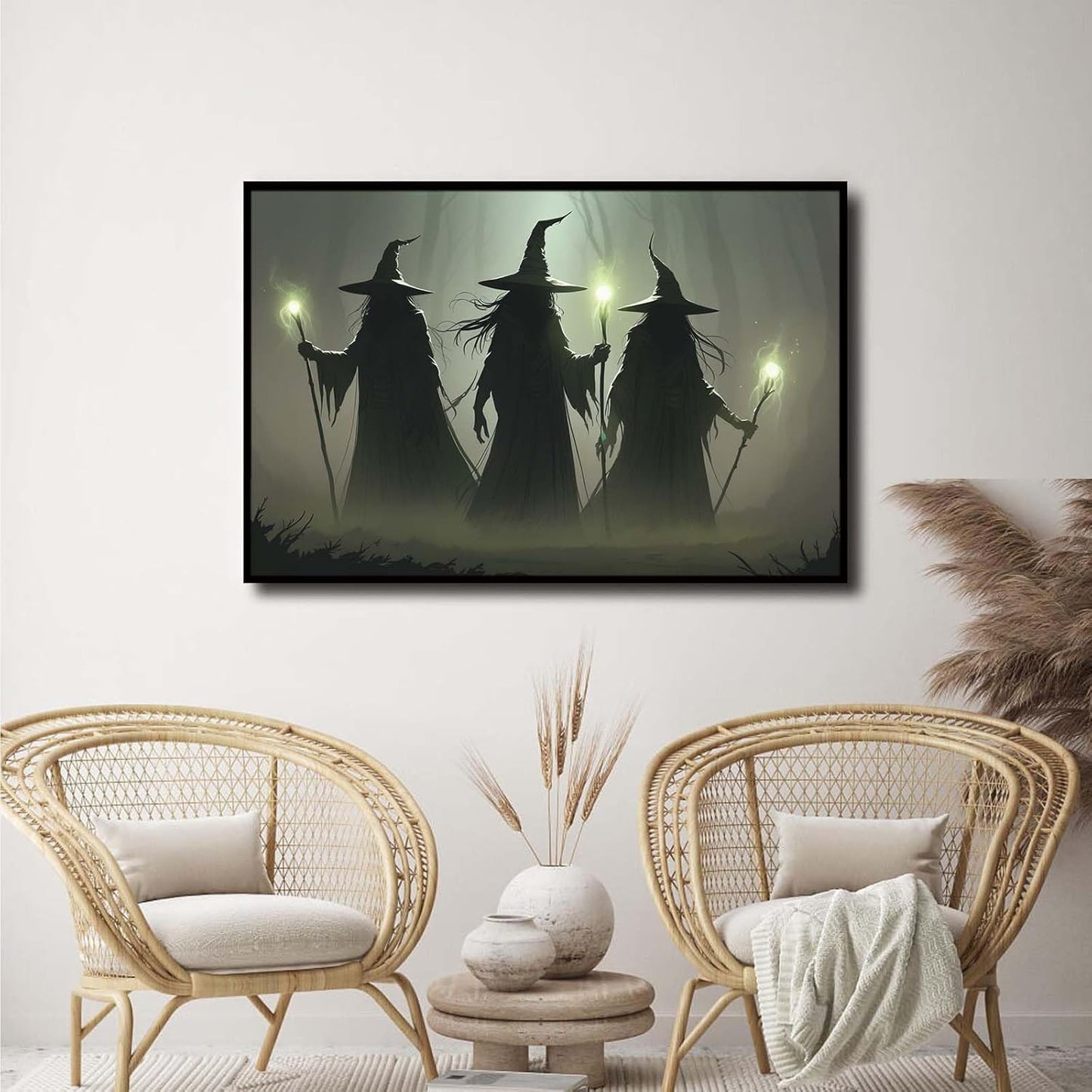 JFHCQJPK Vintage 3 witches canvas wall decor melancholy dark Halloween poster wall decor holding a staff print Gothic horror Halloween painting print for living room bedroom12x16in Metal blackFramed