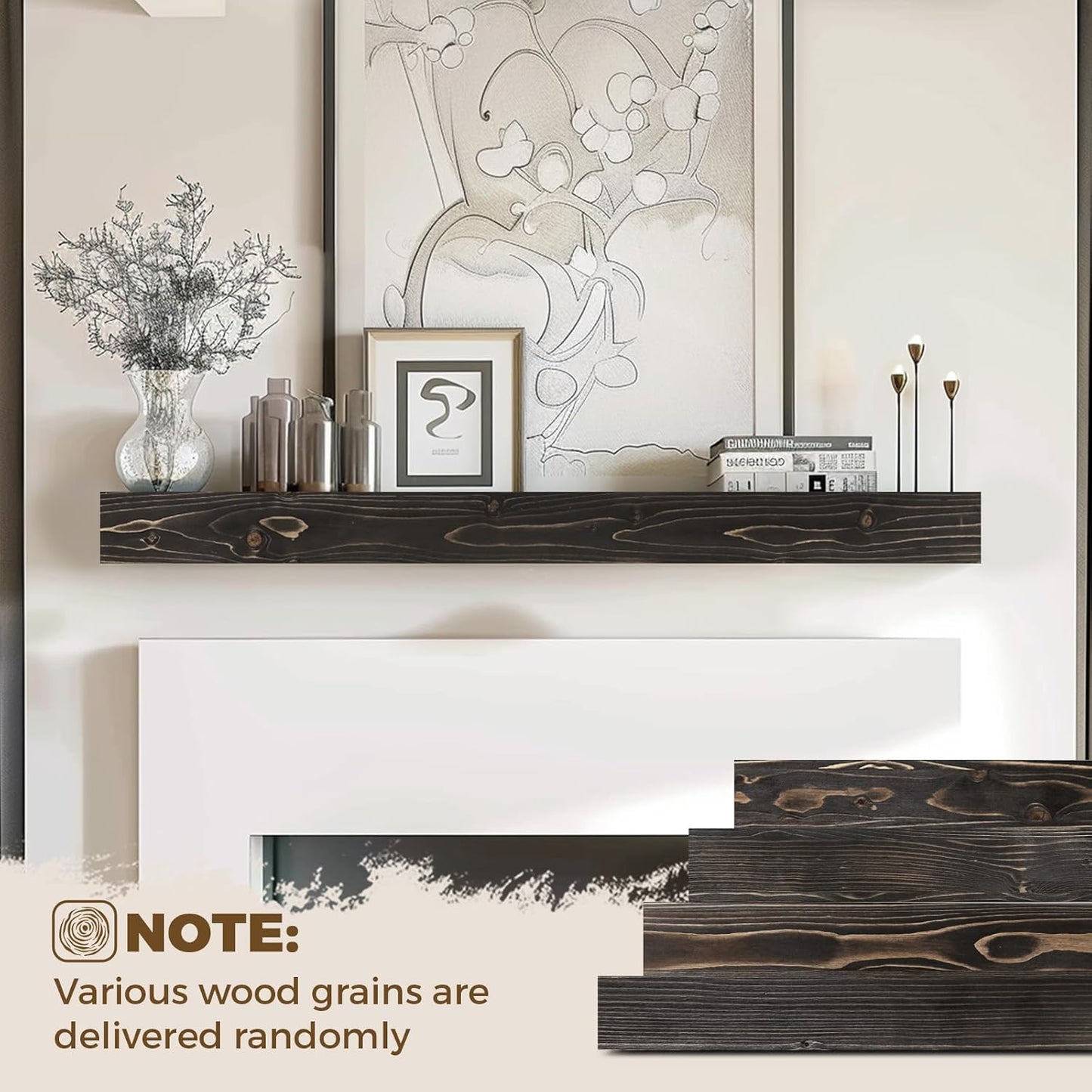 48x8x3 Fireplace Mantel - Handcrafted Hollow Rustic Solid Wood Wall Mounted Floating Shelf with Invisible Heavy Duty Wood Bracket (Weathered Black)