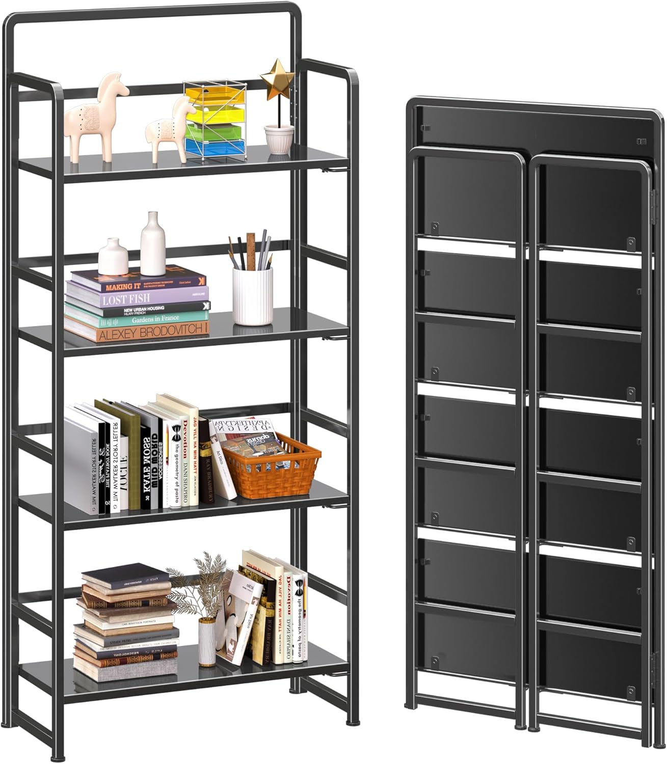 4NM No Assembly Foldable Bookshelf, 4-Shelf Collapsible Bookcase Storage for Small Spaces, 54" H, All Black