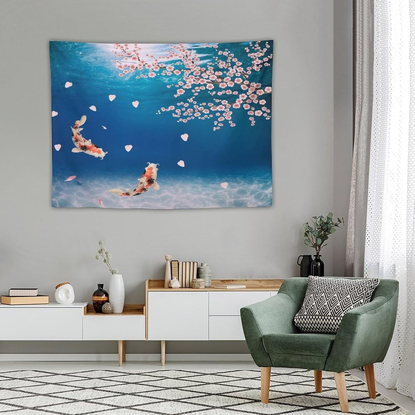 Japanese Koi Fish Tapestry, Cherry Blossoms Asian Oriental Blue Floral Branch Koi Fish Carp Tapestries Wall Hanging for Bedroom Living Room Office Decor 40"x30"