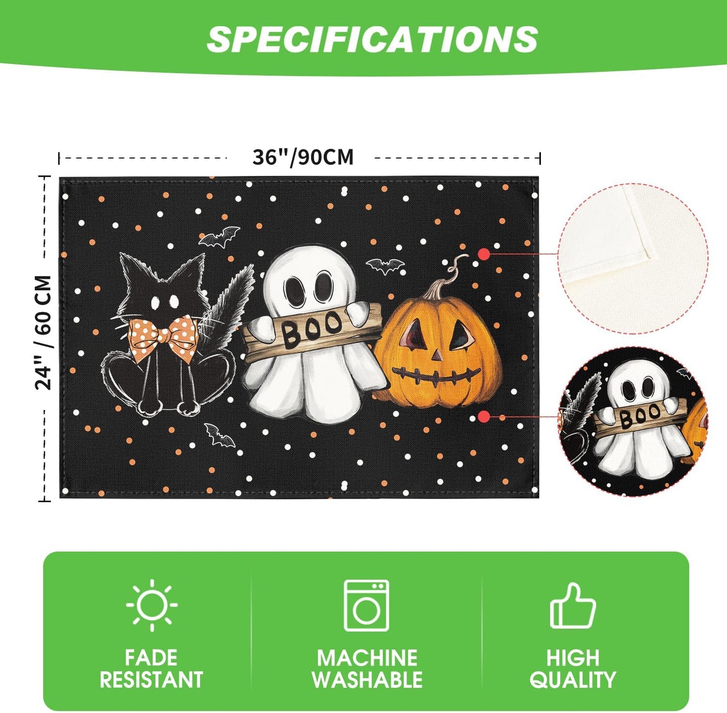 Artoid Mode Cat Ghost Pumpkin Halloween Placemats, 24x36 Inch Extra Large Table Mats for Kitchen Countertop Protector Dining Decoration