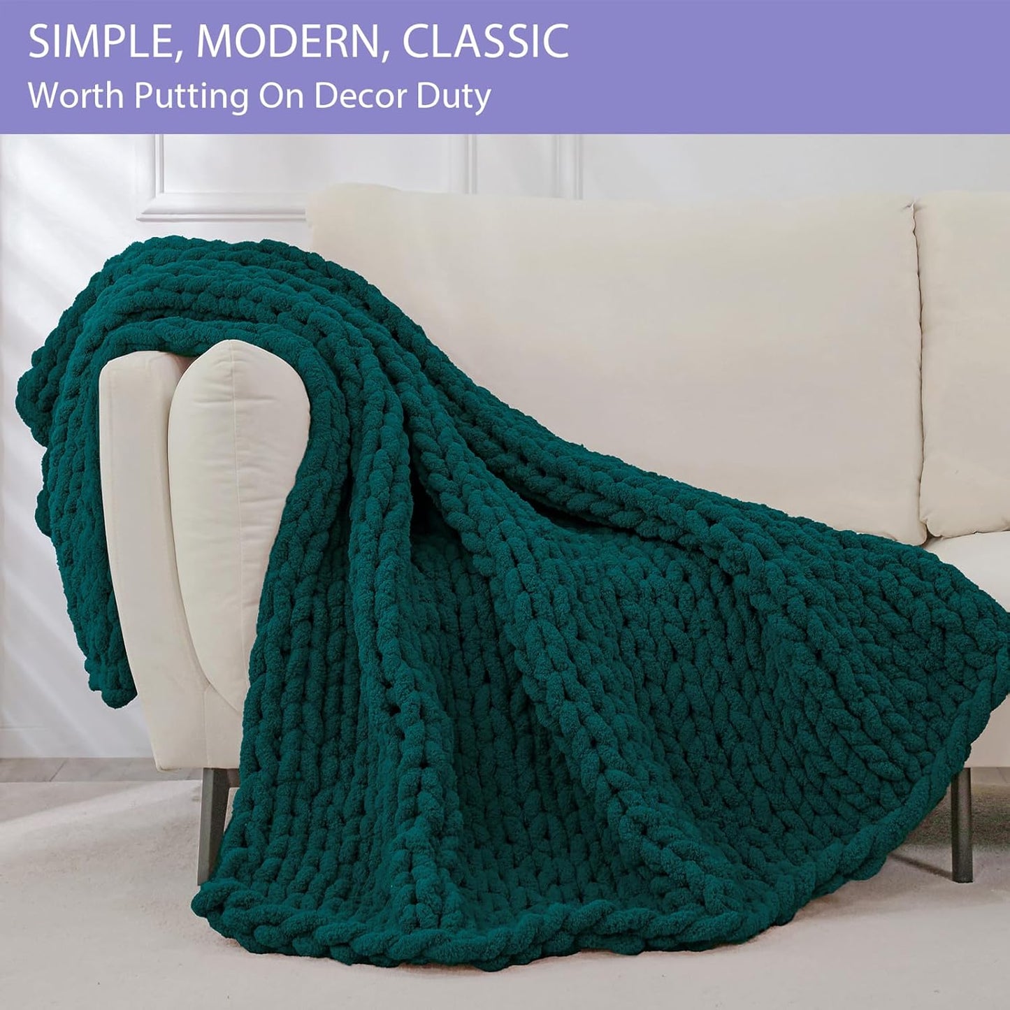 Bigacogo Chunky Knit Throw Blanket for Couch, 40x60 inches, 100% Hand Knitted with Thick Jumbo Chenille Yarn, Cozy Soft Large Rope Knot Cable Crochet Blankets for Sofa Bed Living Room, Dark Green