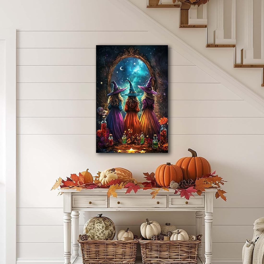 Witch Poster Halloween Fall Wall Art Decor,Three Witches with Magic Potion Mirror Colorful Vintage Print,Dark Academia Spooky Canvas Art Prints for Home Living Room,16"x24" Unframed