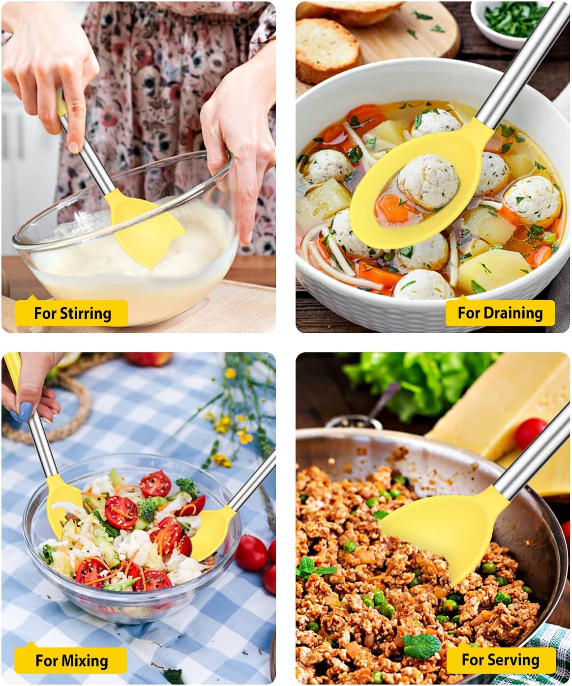 Pack of 2 Large Silicone Cooking Spoons,Non Stick Solid Basting Spoon,Heat-Resistant Kitchen Utensils for Mixing,Serving,Draining,Stirring (YELLOW)