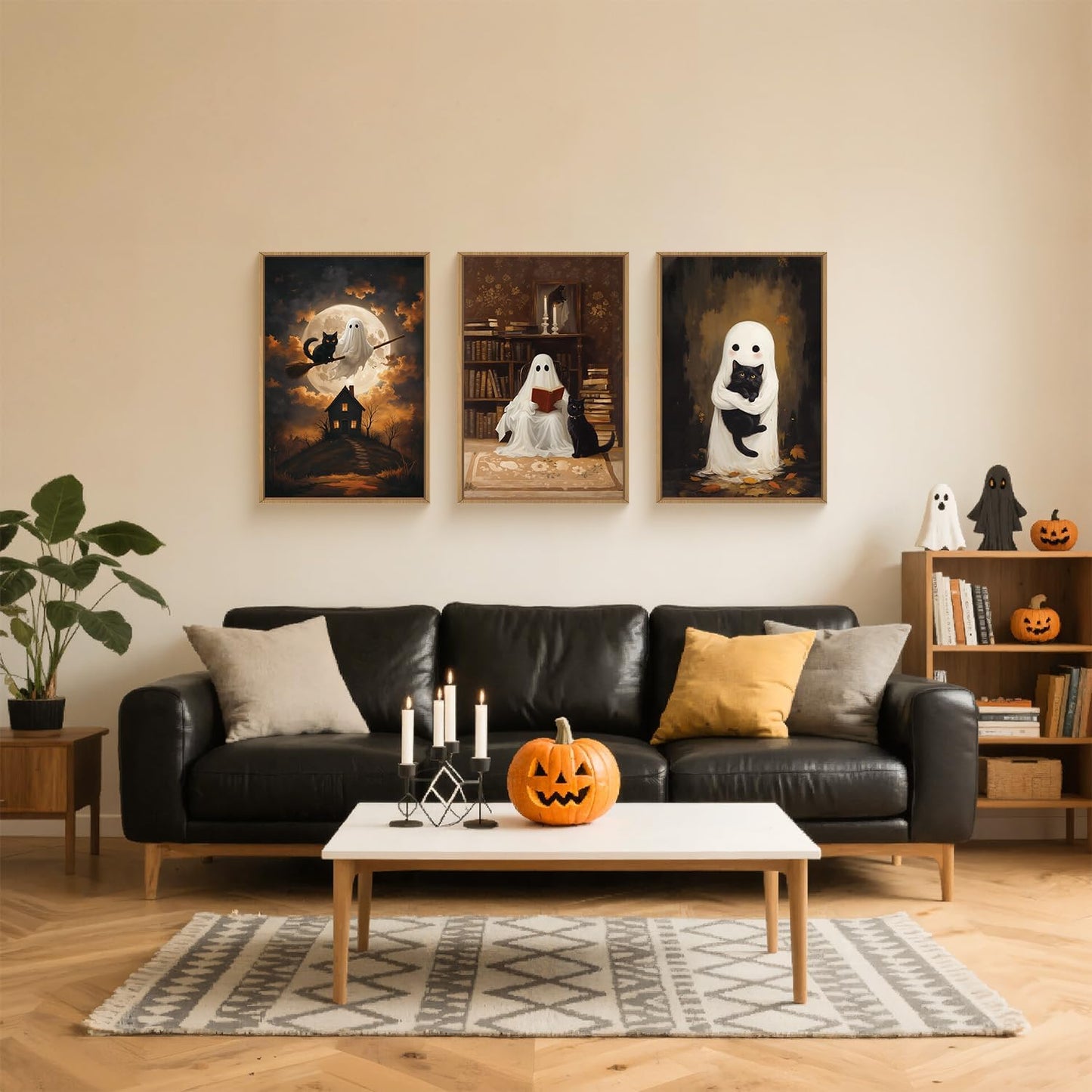 HPNIUB Halloween Ghost Framed Canvas Wall Art Set, Funny Black Cat Poster Artwork, Vintage Spooky Wall Decor, Dark Academia Moon Pictures for Bedroom Living Room Bathroom-16 x24 x3
