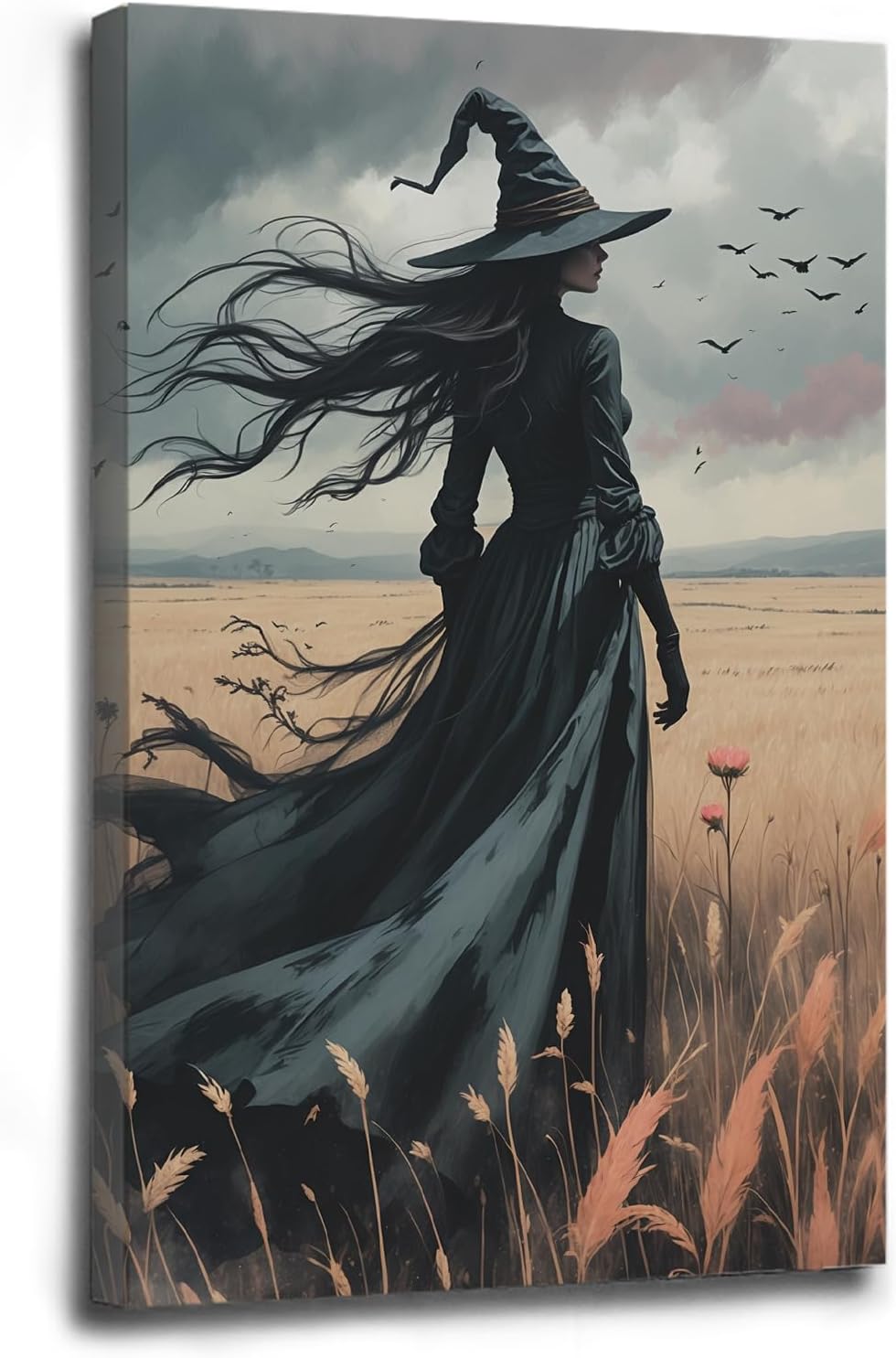 Gothic Decor Canvas Wall Art Witch in Rice Field Halloween Art Decor Print Nature Print Victorian Home Bedroom12x16in Wood Framed