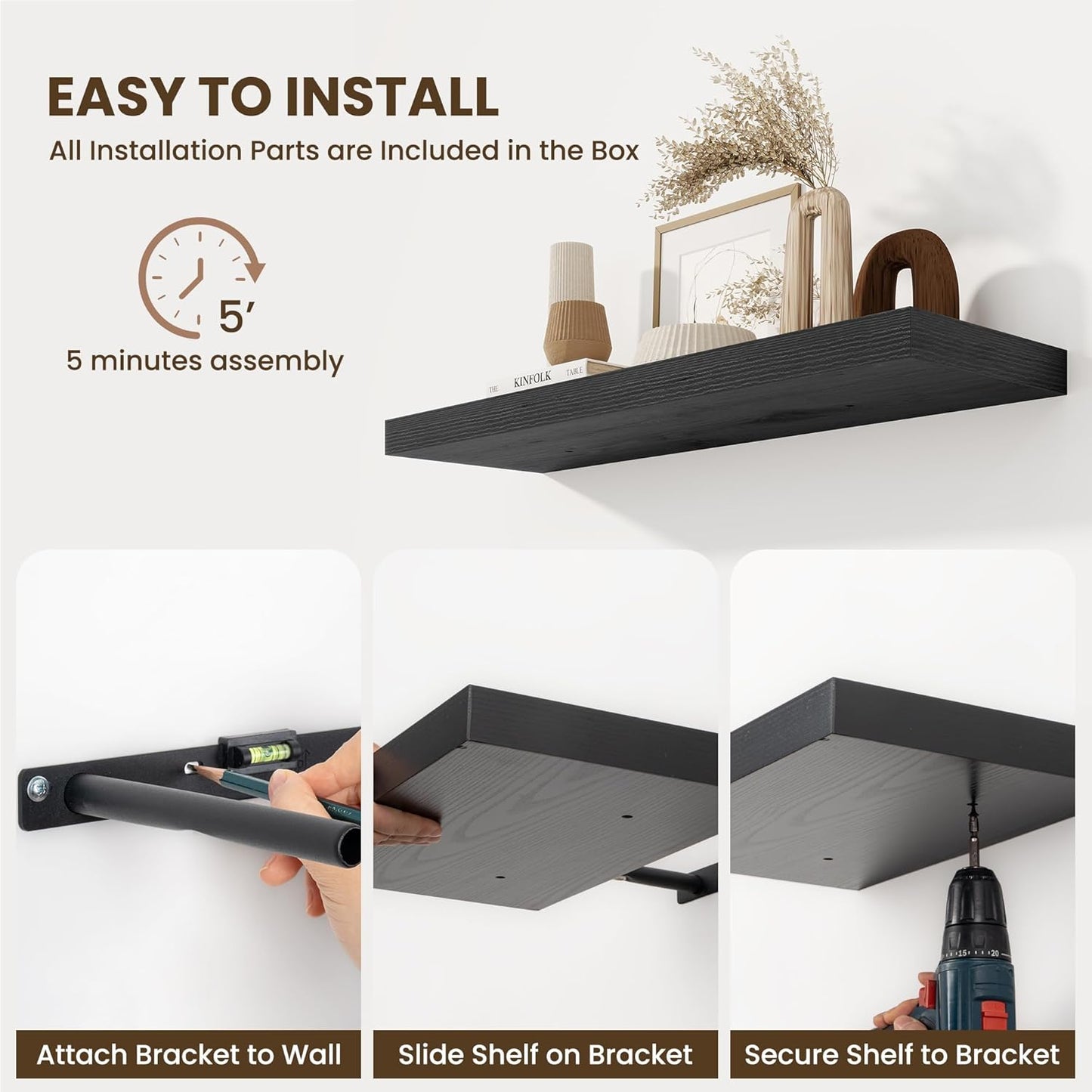 Fun Memories Black Floating Shelves for Wall - 10 x 16 Floating Shelf - Rustic Wood Storage Shelf - Wall Shelves with Invisible Bracket - 16" Bookshelves for Living Room & Bedroom - Black - Set of 2