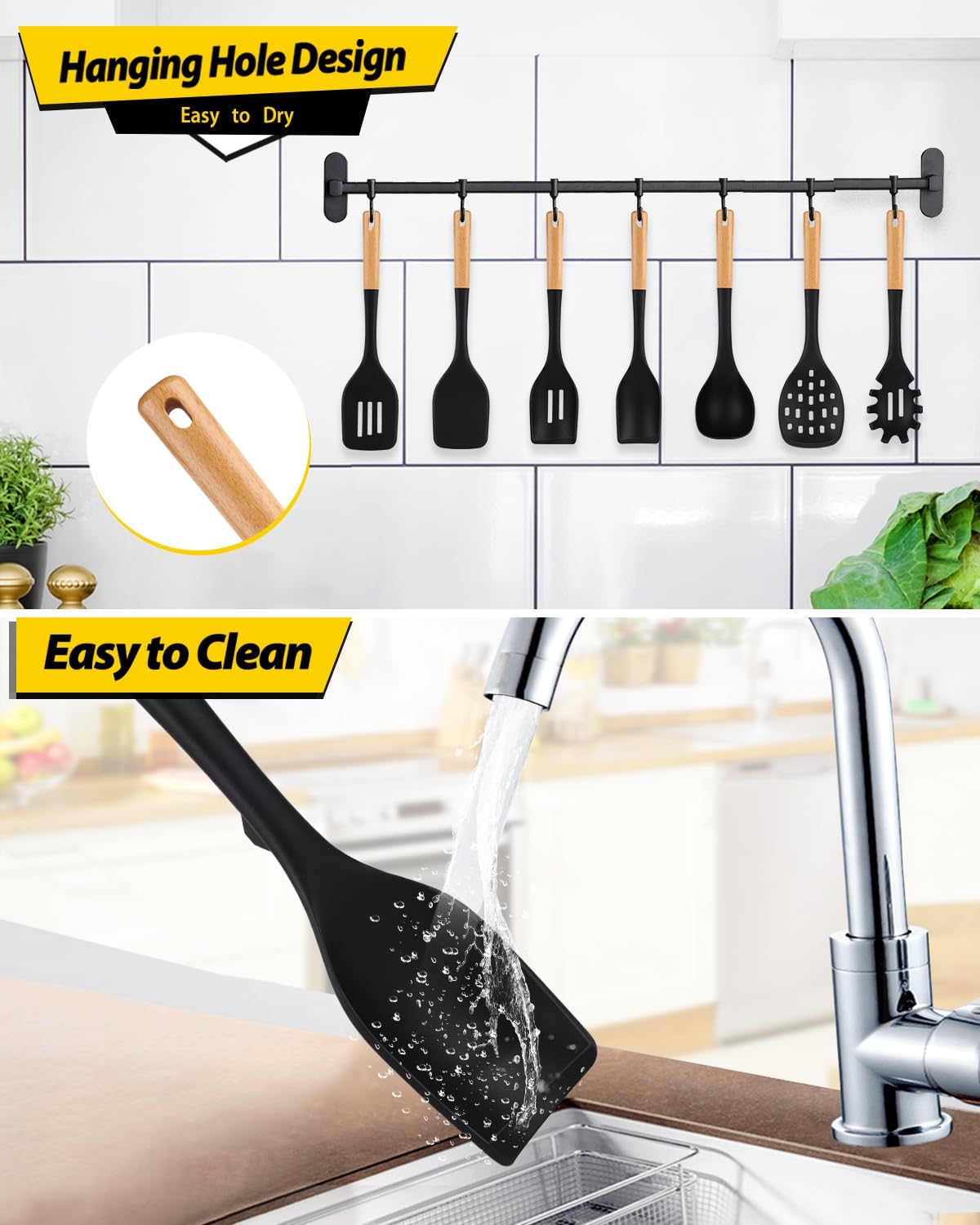 Silicone Kitchen Utensil Set for Non Stick Cookware, 7 Pcs Heat Resistant Cooking Utensils with Wooden Handle, BPA Free Kitchen Tools with Spatulas, Spoons, Skimmer and Pasta Fork (BLACK)