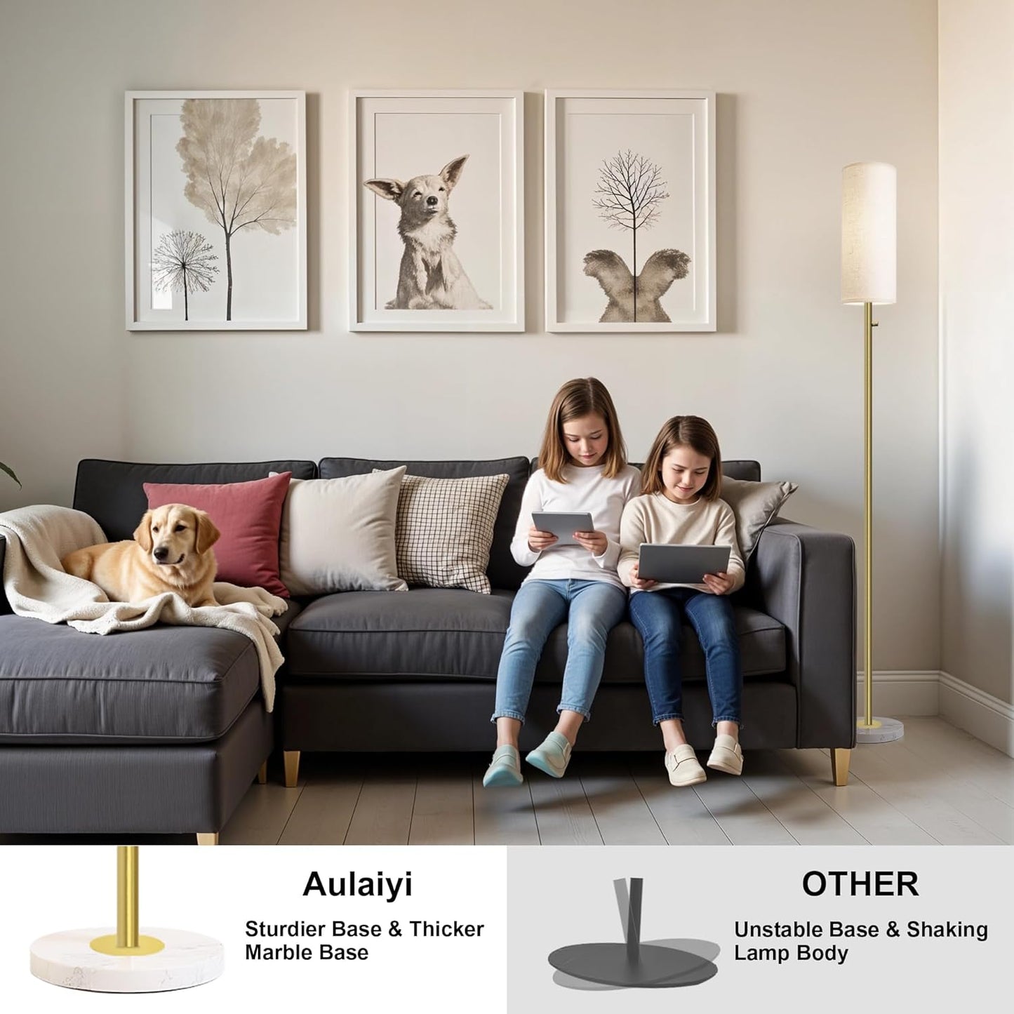 Dimmable Gold Floor Lamp for Living Room,Modern Standing Lamp with Marble Base,LED Bulb Included,Floor Lamps for Bedroom, Living Room,Office,Reading and Nursery(Gold Floor Lamp)