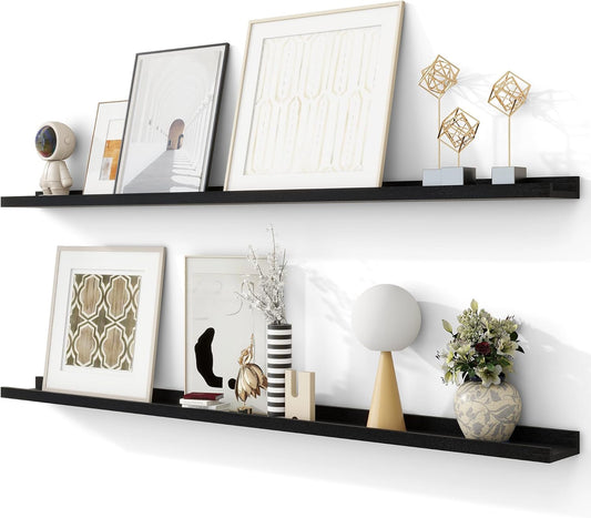 Solid Ash Wood Picture Ledge Shelf, Floating Shelves Set of 2, 56 Inch Long Large Ledge Shelves, Nursery Book Shelves Wall Mounted for Living Room Bedroom Kitchen Decor Kids Bookshelf, Black