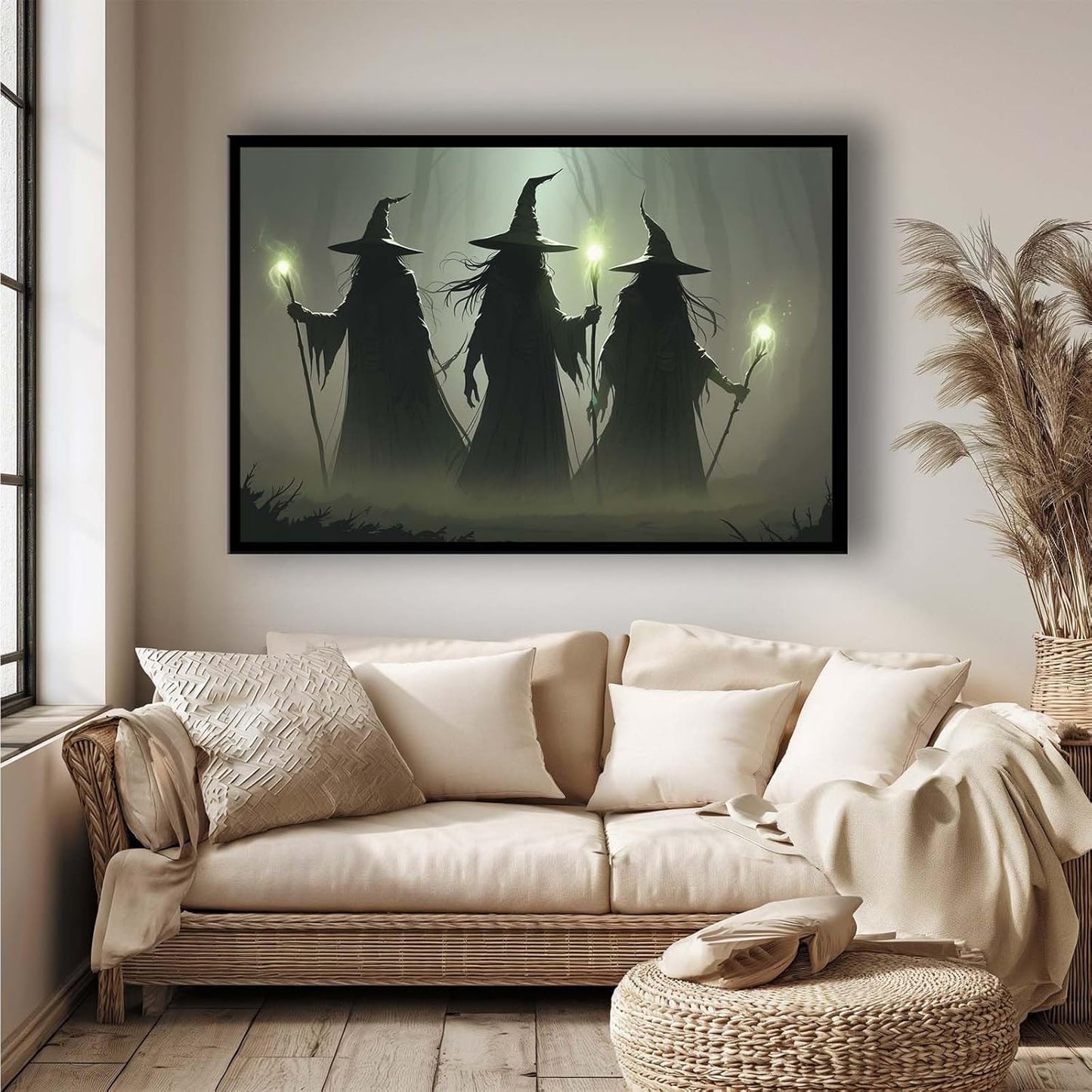 JFHCQJPK Vintage 3 witches canvas wall decor melancholy dark Halloween poster wall decor holding a staff print Gothic horror Halloween painting print for living room bedroom24x36in Metal blackFramed