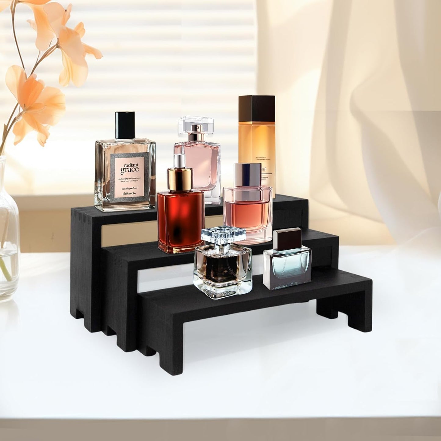 Display Wood Risers Wooden Stand 3 Tier 4 Set 12 Pieces Wood Racks Decorative Rectangular, Cupcake Stands Cologne Perfume Organizer Showcase Items(New Black)