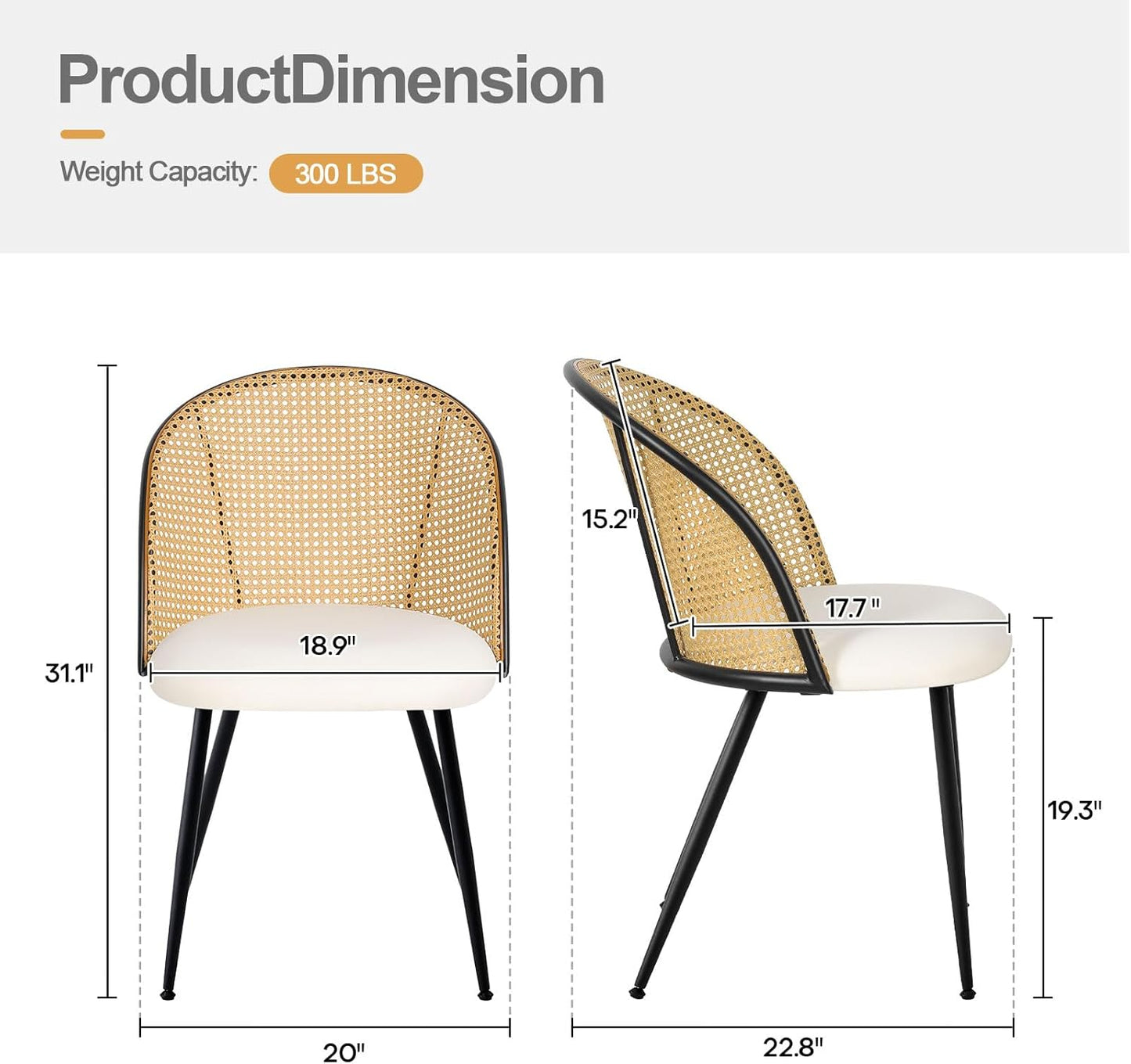 Dining Chairs Set of 4, Mid Century Modern Dining Room Chairs with Full Rattan Back, Faux Leather Kitchen Dining Chairs Farmhouse Armless Mesh Cane Back Side Chairs with Metal Legs, White