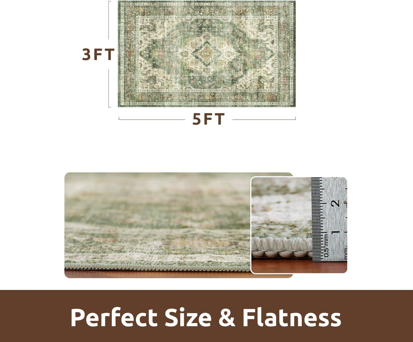 AMOAMI-3X5 Area Rug-Soft Washable Vintage Throw Accent Rugs for Living Room, Entryway, Bedroom, Kitchen, Bathroom, Laundry Room, Kitchen, Bathroom, Bedside, No Slip Green