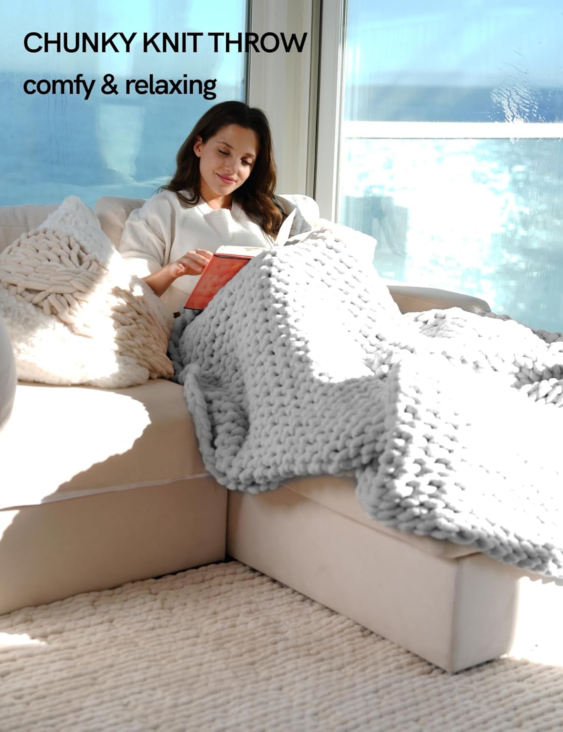 YnM Chunky Throw Blanket, Hand Knitted with Chenille Yarn, Skin Friendly, Ventilated and Breathable, Machine Washable, Home Décor Piece for Couch, Sofa and Bed (Glacier Grey, 50x60 Inch)